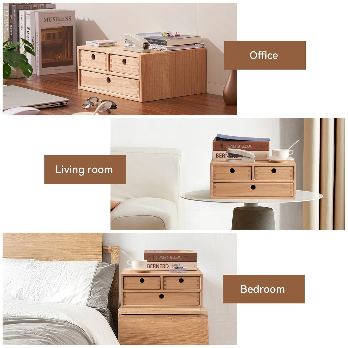 KIRIGEN Wooden Desktop Organizer Office Supplies Filing Tidy Storage Shelf Storage Cabinet Jewelry Organizer with 3 Drawers Natural