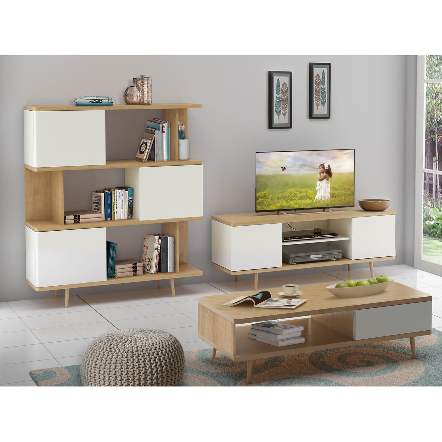 LOFT24 Alandra TV Stand in Oak White, 39x140x52cm (DxWxH)