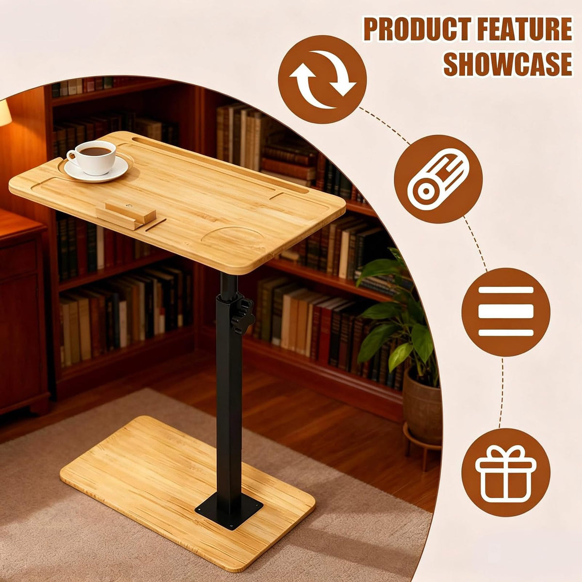YASHIIN Bamboo Rotating TV Tray,Adjustable Height,Sofa Side Table,with Phone and Tablet Slot, Bedside Table for Living Room Sofa or Bedroom