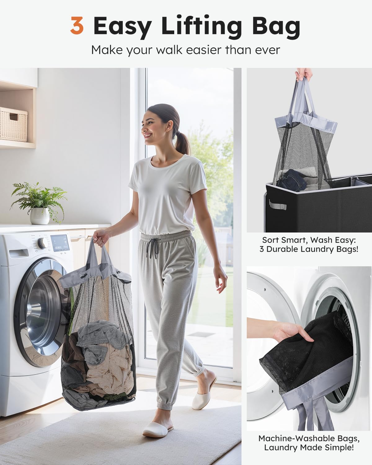 SOLEDI 160L 3 Section Washing Basket with Lid, Dirty Clothes Hamper and Laundry Bags, Large Hamper Organizer for Laundry Room, Bedroom, Black