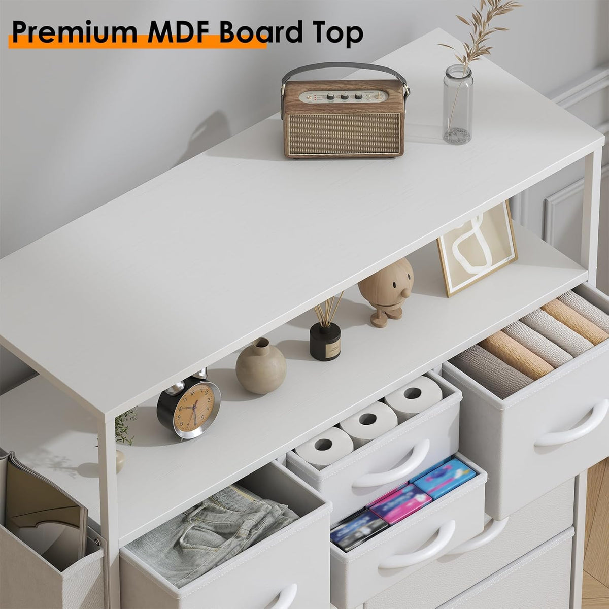 Feonase Chest of Drawers Bedroom, 8 Drawer Fabric Dresser with Wood Top, Open Storage Shelf, 3 Side Pockets & Metal Frame