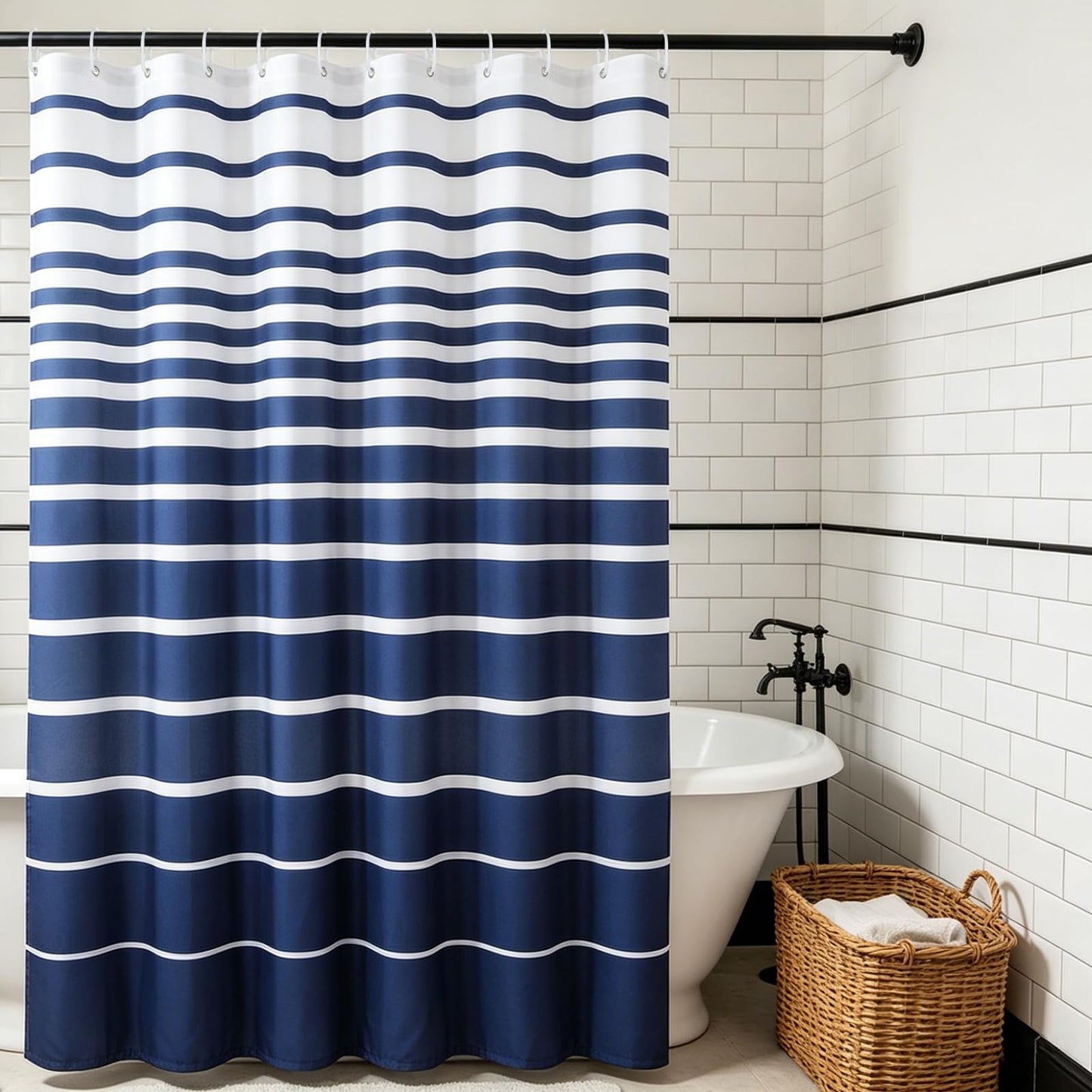 Blue and White Striped Shower Curtain with Hooks for Bathroom - Waterproof Polyester Fabric Shower Curtains, Anti-Cling Weighted Hem