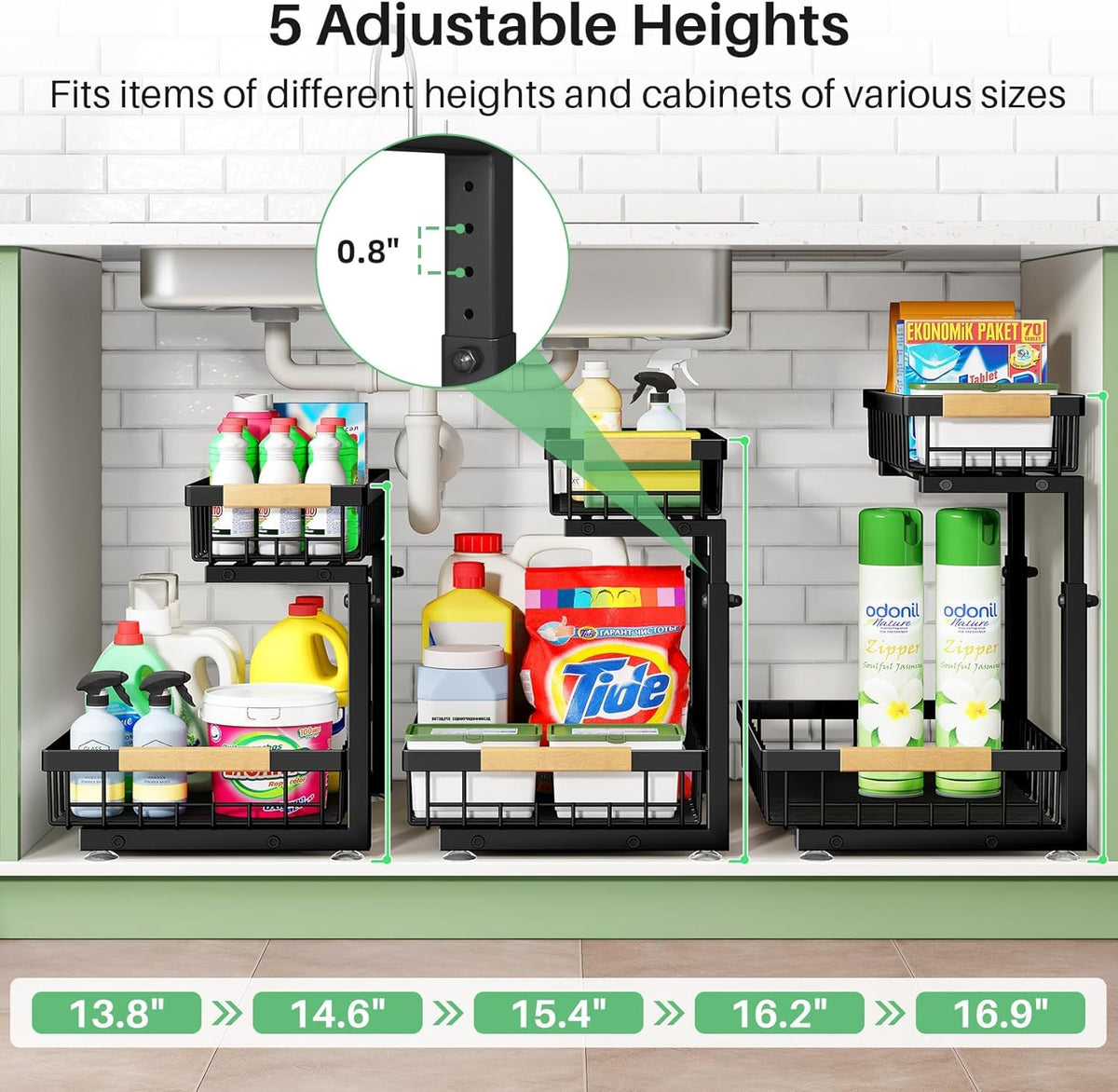 Kitstorack 2 Pack Under Sink Storage, 2 Tier Metal Pull Out Kitchen Under Sink Organiser, Kitchen Storage & Organisation Under Cupboard Storage for