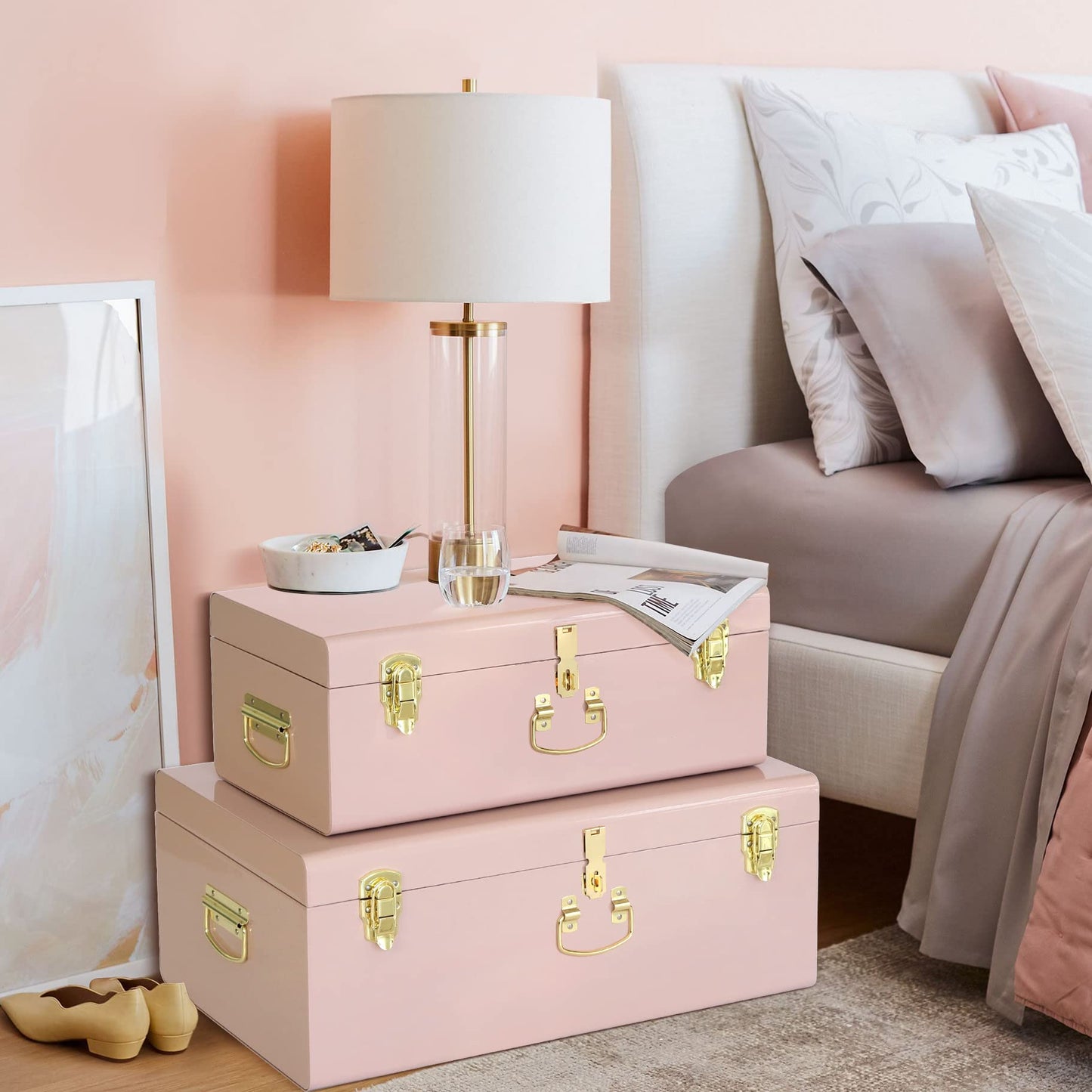 HofferRuffer Metal Storage Trunk with Lockable Lid & Handles, 52.1 × 26.2 × 20.1 Heavy Duty Storage Chest for Bedroom, Living Room, Bedding