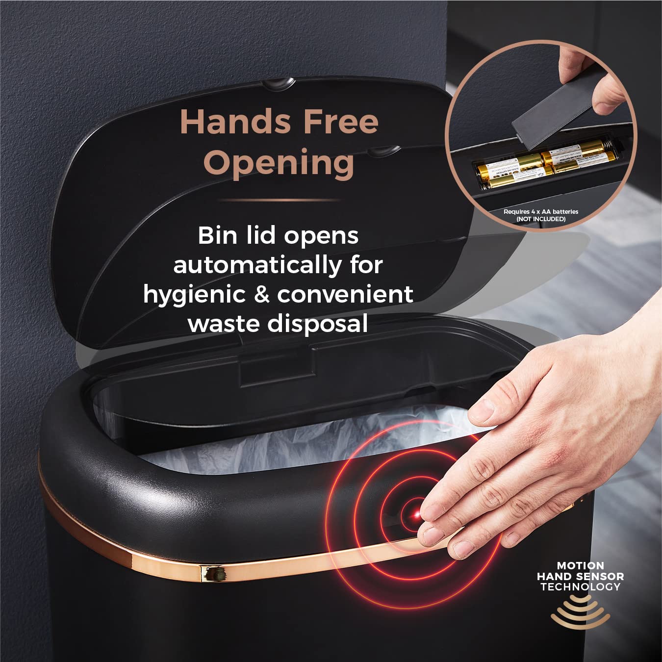 Tower T838010BLK Cavaletto Square Sensor Bin, 58L, Black and Rose Gold