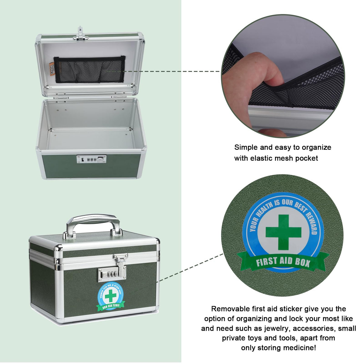 HEWEI WORKS Medication Lock Box, Lockable Medicine Storage, Empty First Aid, Medical Organizer, Safe lockbox for Home & Outdoor (Green, Small)