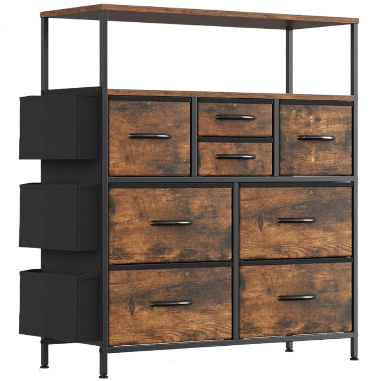 Feonase Chest of Drawers, Bedroom Dresser with 8 Fabric Drawers, Open Storage Shelf, Side Pockets, Wood Top & Metal Frame