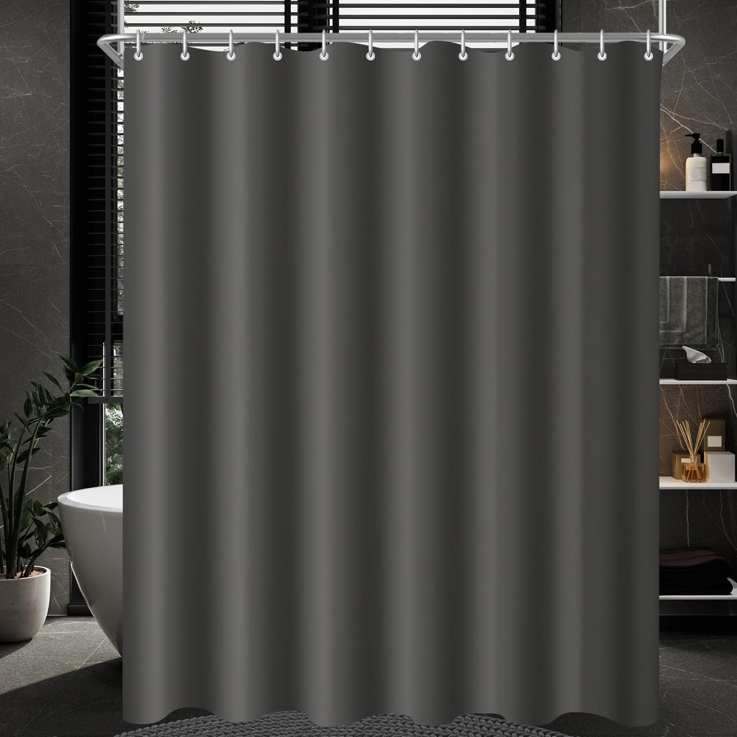 Lerores Shower Curtain, 180 x 220 cm, Dark Grey, Weighted Hem, Anti-Mould Textile, Water-Repellent, Washable Polyester Fabric Bath Curtains for