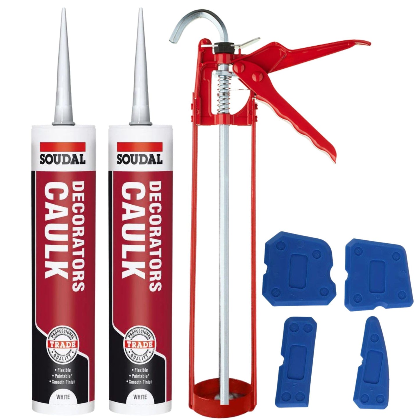 Decorators Caulk White Set - Bundle With Sealant Gun, Silicone Tool Smoothing Set And Soudal White Caulk Gap And Crack Filler Acrylic Silicone