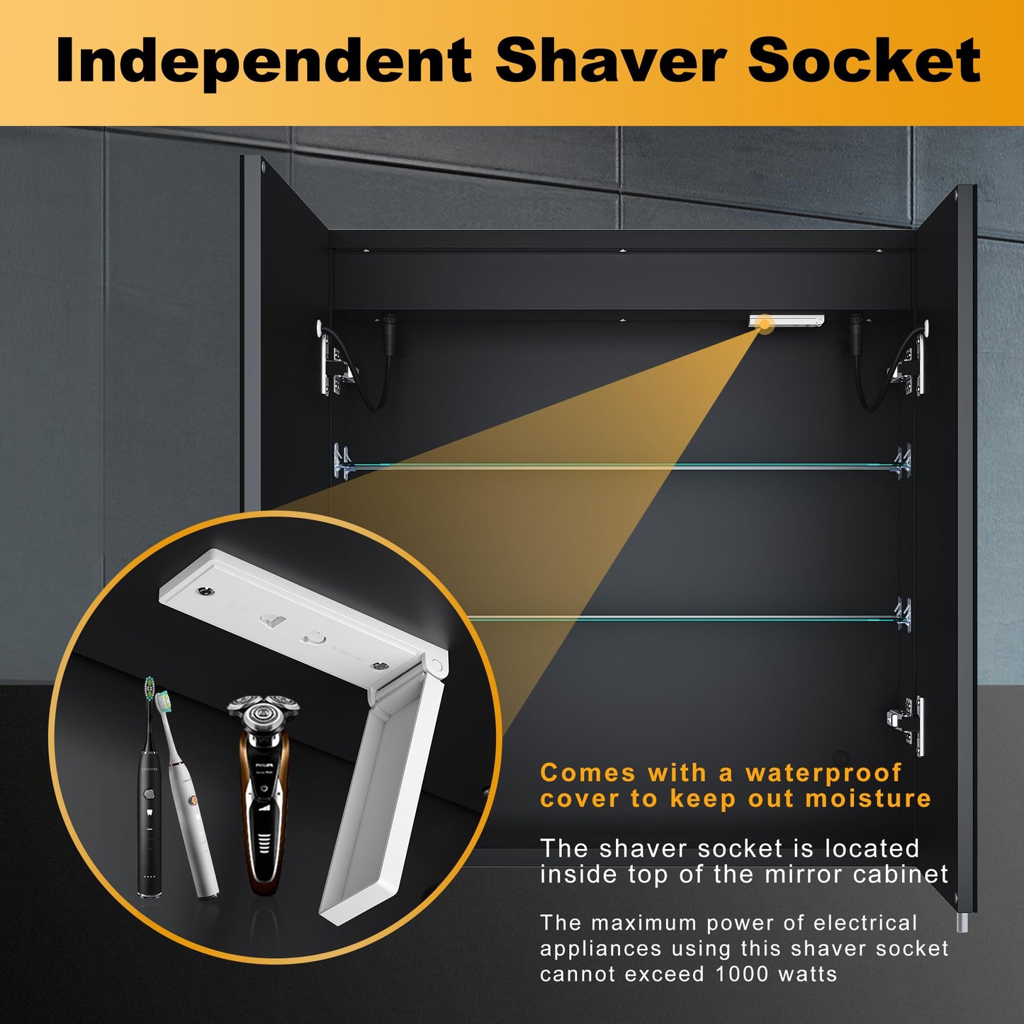 ELEGANT LED Mirror Cabinet with Bluetooth Bathroom Cabinet with Shaver Socket Black Double Door Wall Cabinets with Three-color Infinitely Dimmable