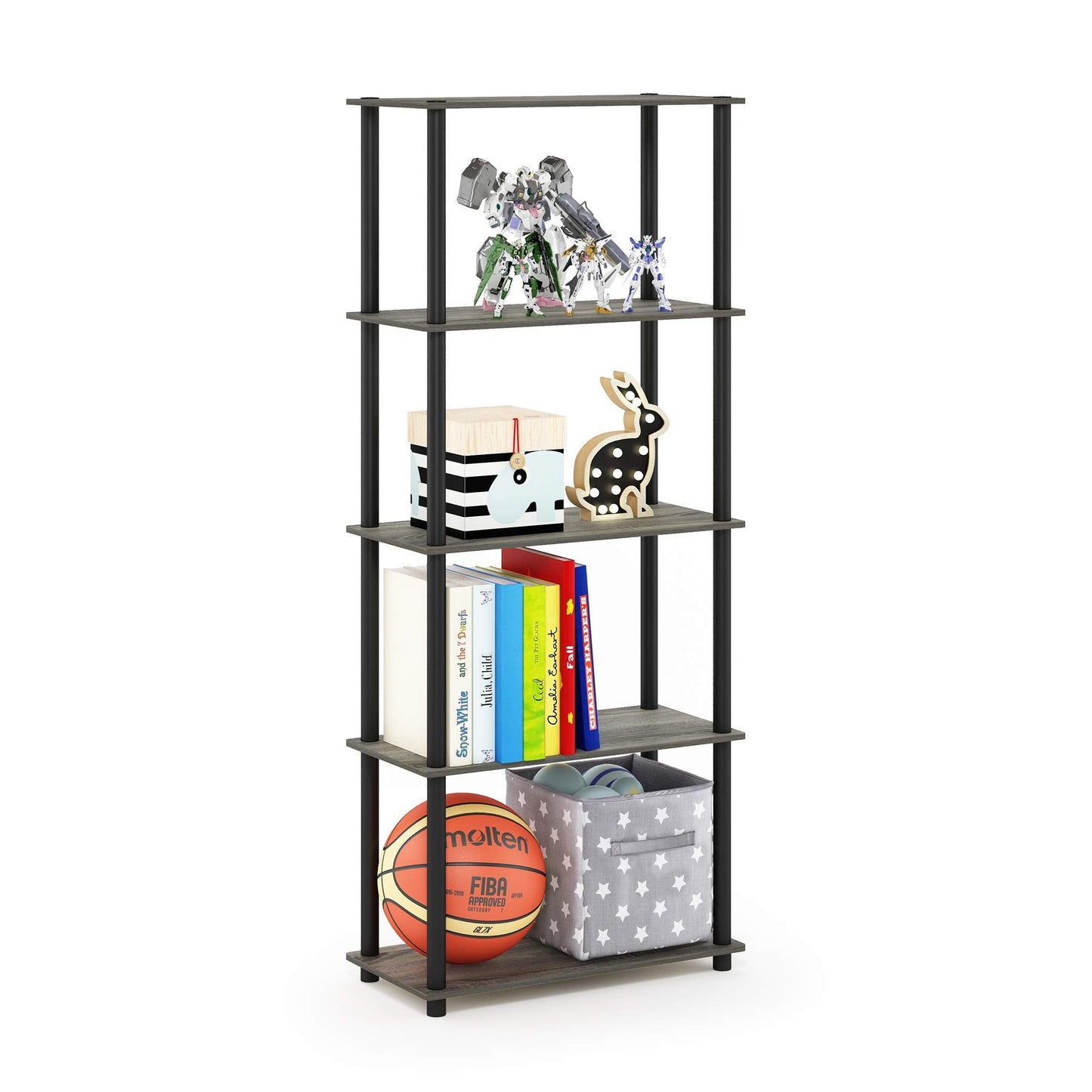 Furinno Turn-N-Tube Toolless Assembly 5-Tier Storage Shelves, Grey Book Shelf, Open Storage Bookshelf, for Organization and Storage, Living Room