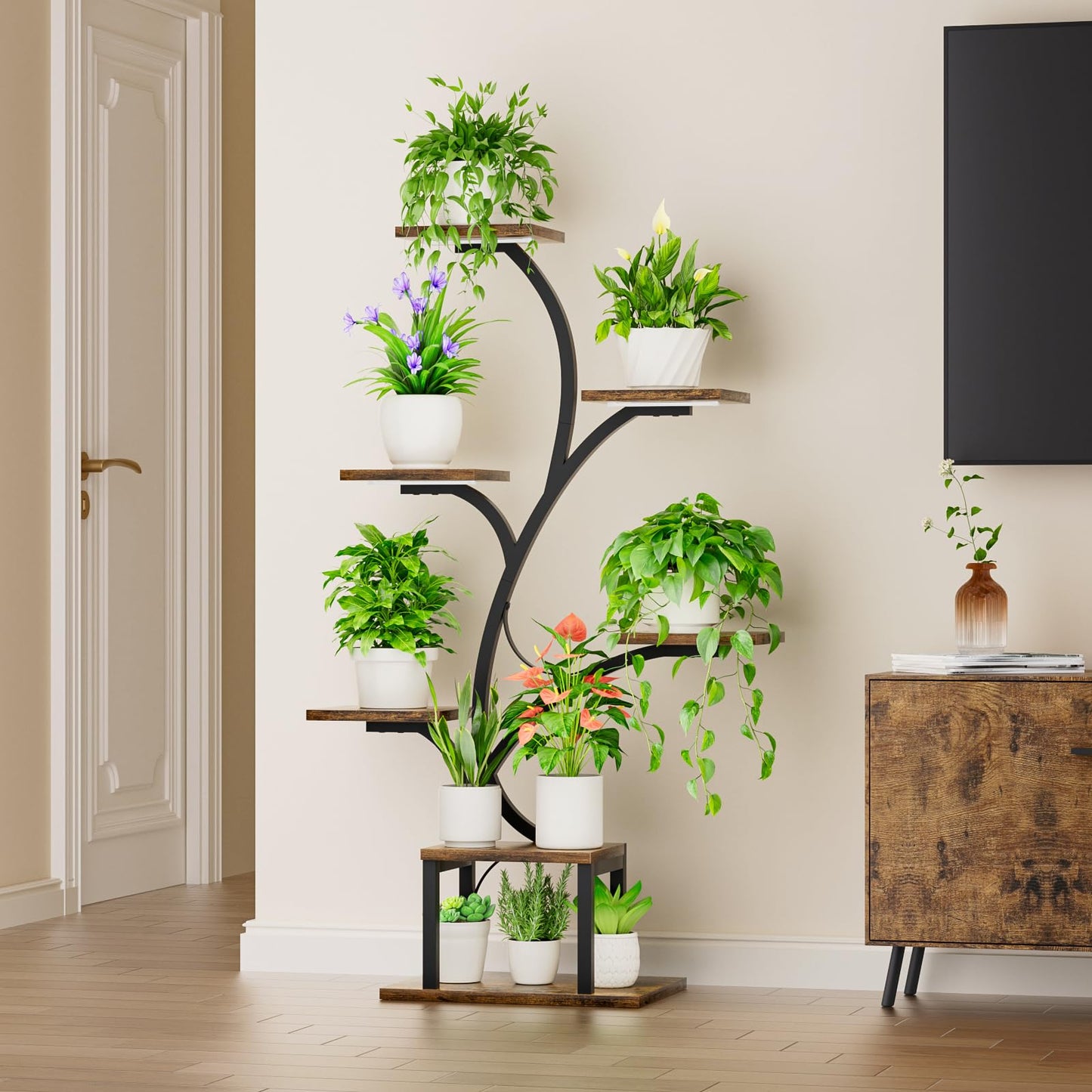 BACEKOLL Plant Stand With Grow Lights, 7 Tiered Indoor Plant Shelf, 49" Corner Plant Stands, Metal Flower Display Shelves, Tree-Shaped Plant Rack for
