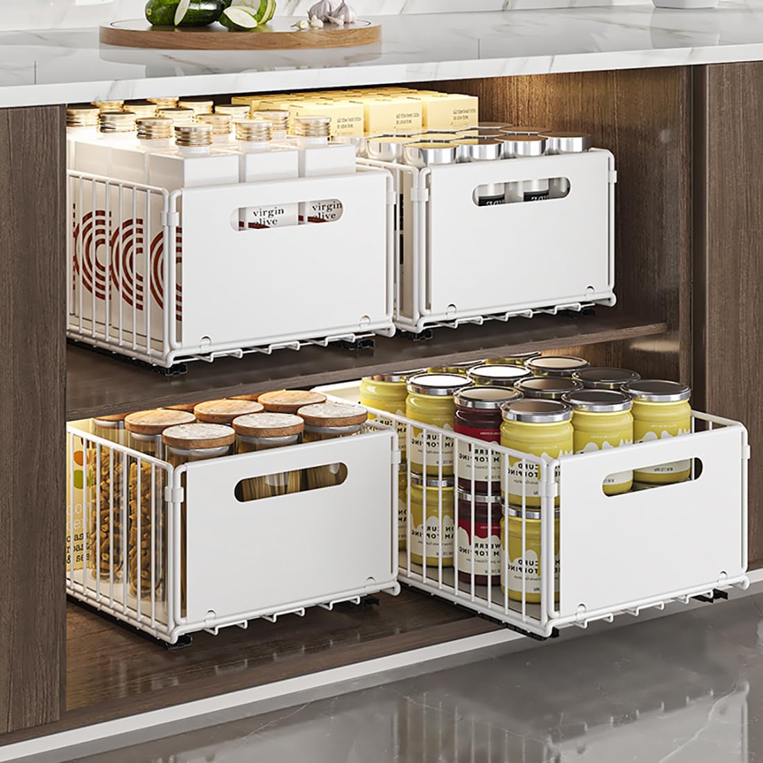 YunNasi Pull Out Cabinet Organizer Slide Out Drawer Storage Shelves Cupboard Organiser Sliding Cabinet Basket for Kitchen with Silent Slide No