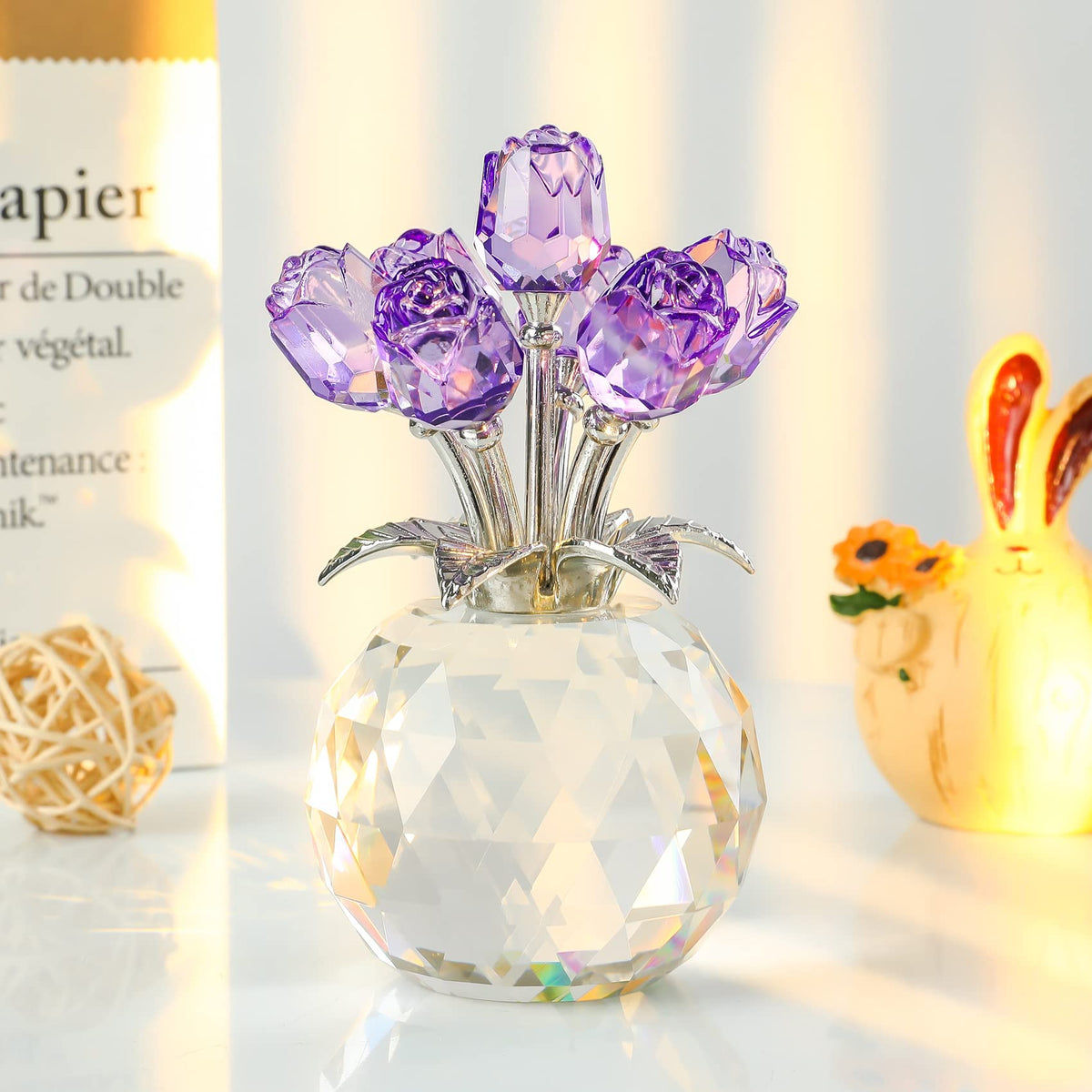 Crystal Purple Rose Bouquet Figurines Gifts for Women Valentine's Day, Glass Floral Ornament for Mother's Day Birthday Christmas Amethyst Collectible
