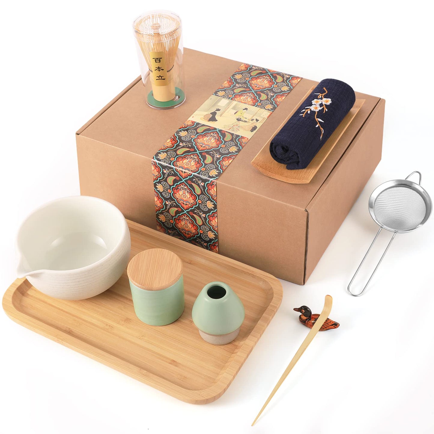 Artcome Japanese Matcha Tea Set, Matcha Bowl with Pouring Spout, Tea Tray, Matcha Whisk, Ceramic Whisk Holder, Matcha Powder Caddy, Handmade Matcha
