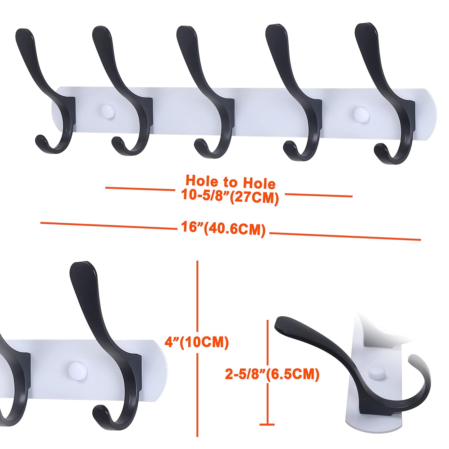 SKOLOO Coat Rack Wall Mount - Modern, Metal Wall Coat Rack with 5 Hooks, Pack of 2, Sturdy Wall Hook Rack Rail for Hanging Coat, Jacket, Clothes, Hat