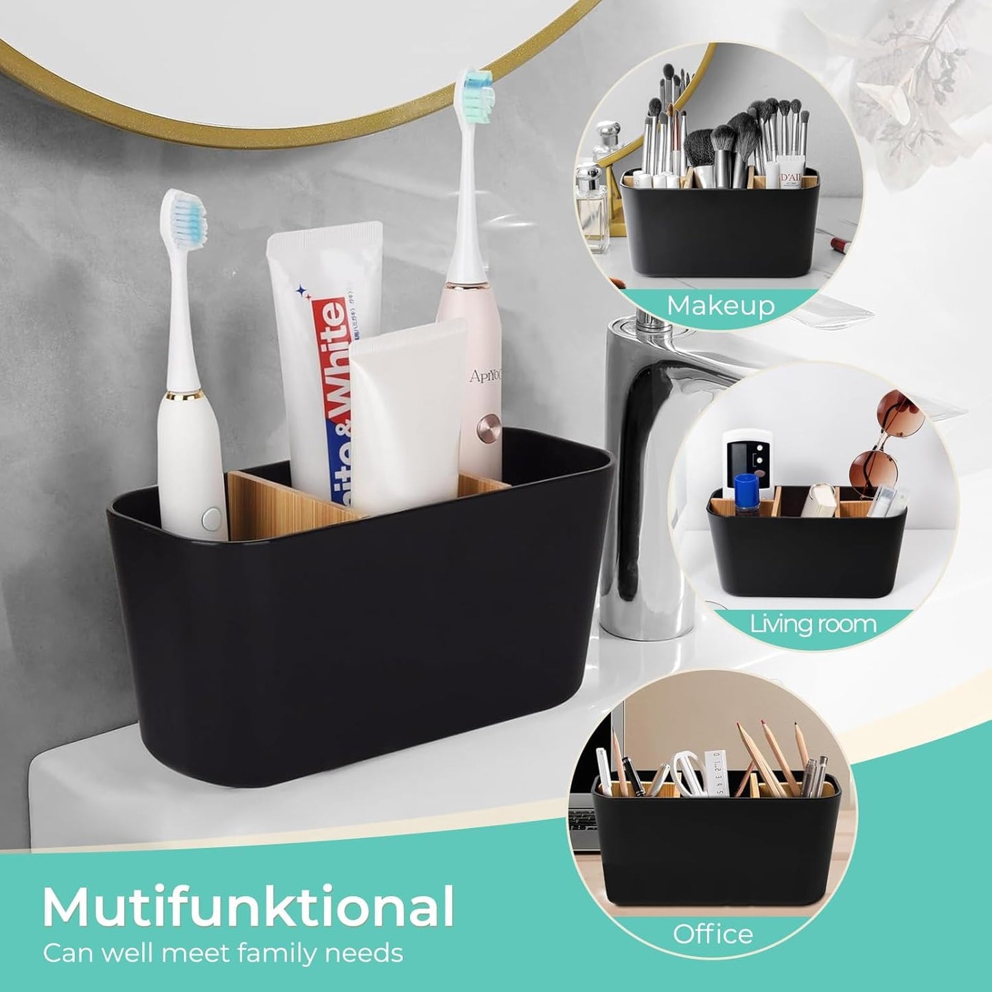 Bingobang Toothbrush Holder for Bathroom, Bamboo Electric Toothbrush and Toothpaste Holder with 5 Storage Slots