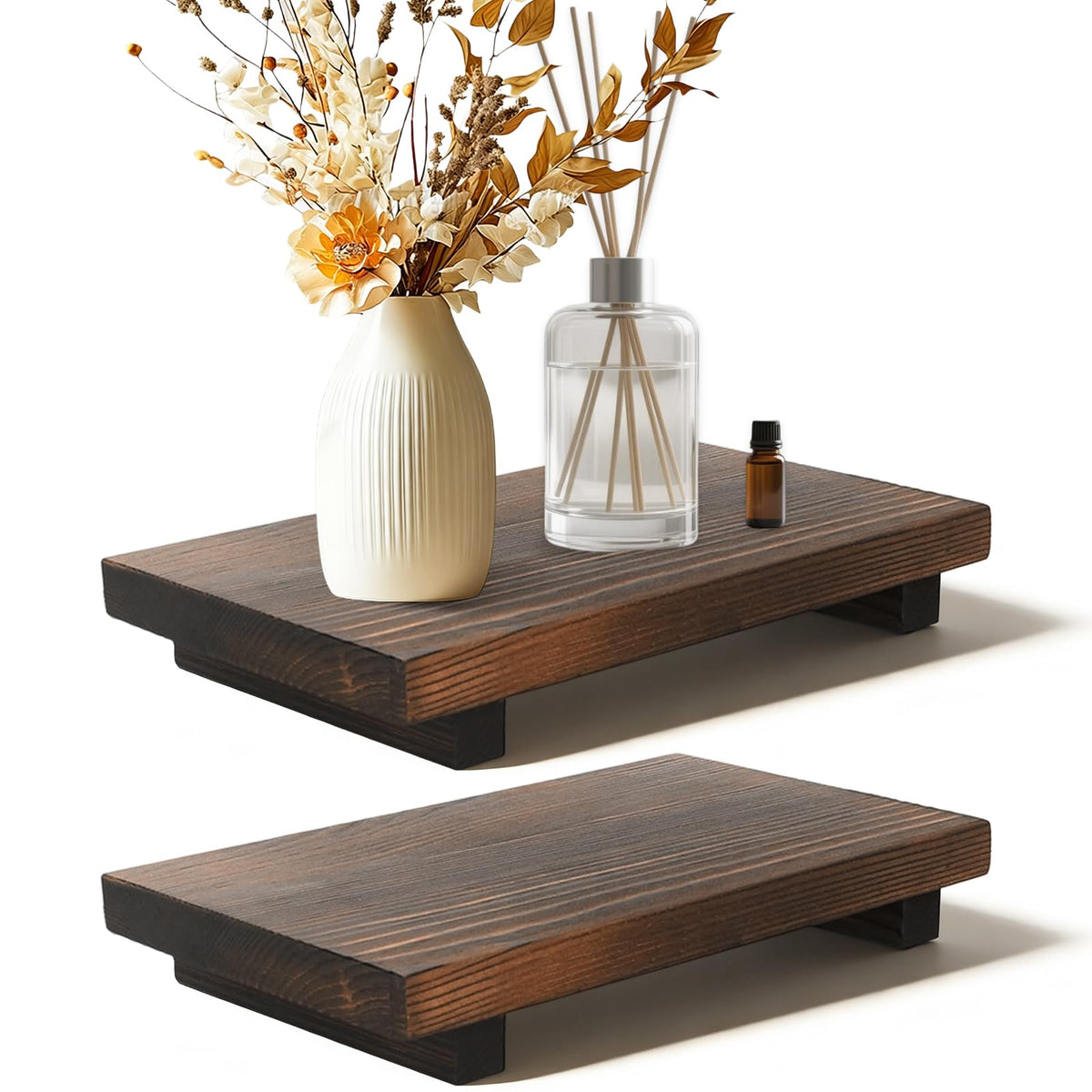 2 Pcs Wooden Trays for Display, Candle Tray Kitchen Decor Wooden Display Stand for Bottles Candle Home Decoration
