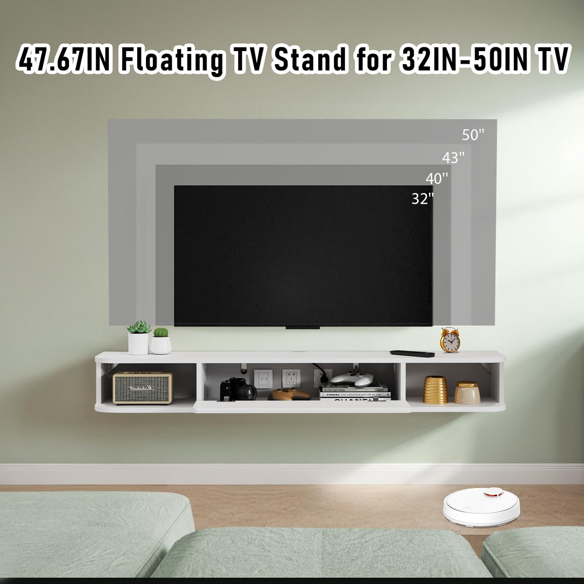 Pmnianhua Floating TV Shelf, Wall Mounted TV Cabinet, Floating Shelves with Door, Modern Entertainment Media Console Center Large Storage Under TV