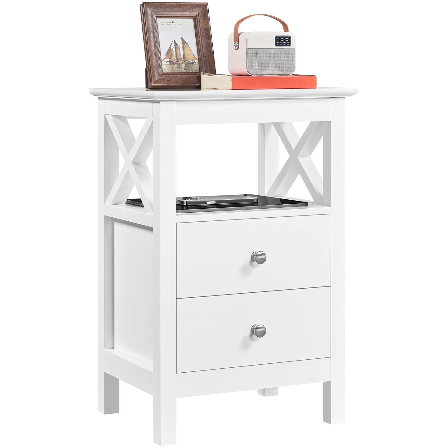 Yaheetech Bedside Table X-Frame with 2 Drawers and Shelf, White