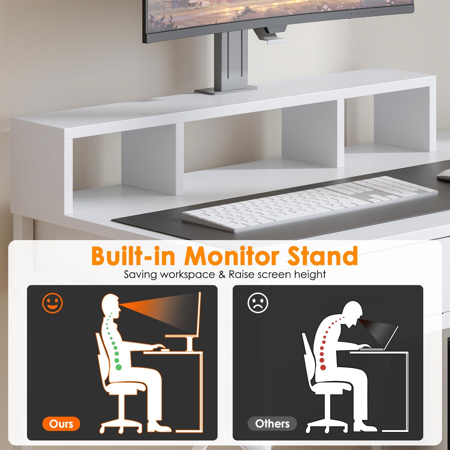 Feonase Ergonomic Computer Desk with Monitor Riser, 2 Under-Desk Drawers, CPU Stand & Hook – MDF Desktop for Home Office, Gaming & Study White