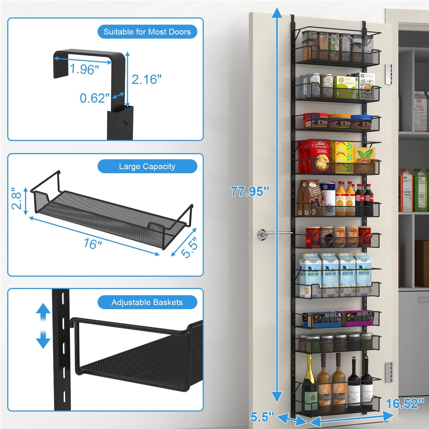 VyGrow Over the Door Pantry Organizer, 10-Tier Over the Door Organizer with Adjustable Basket, Pantry Door Organization for Pantry Kitchen Storage