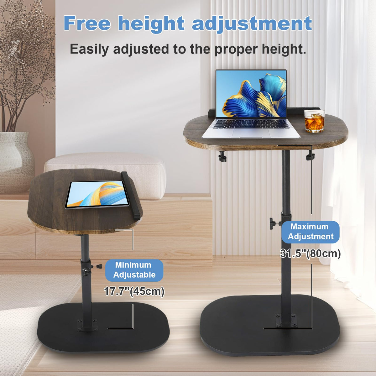 YYW Side Table TV Tray for Couch, Height Adjustable 360° Swivel Walnut