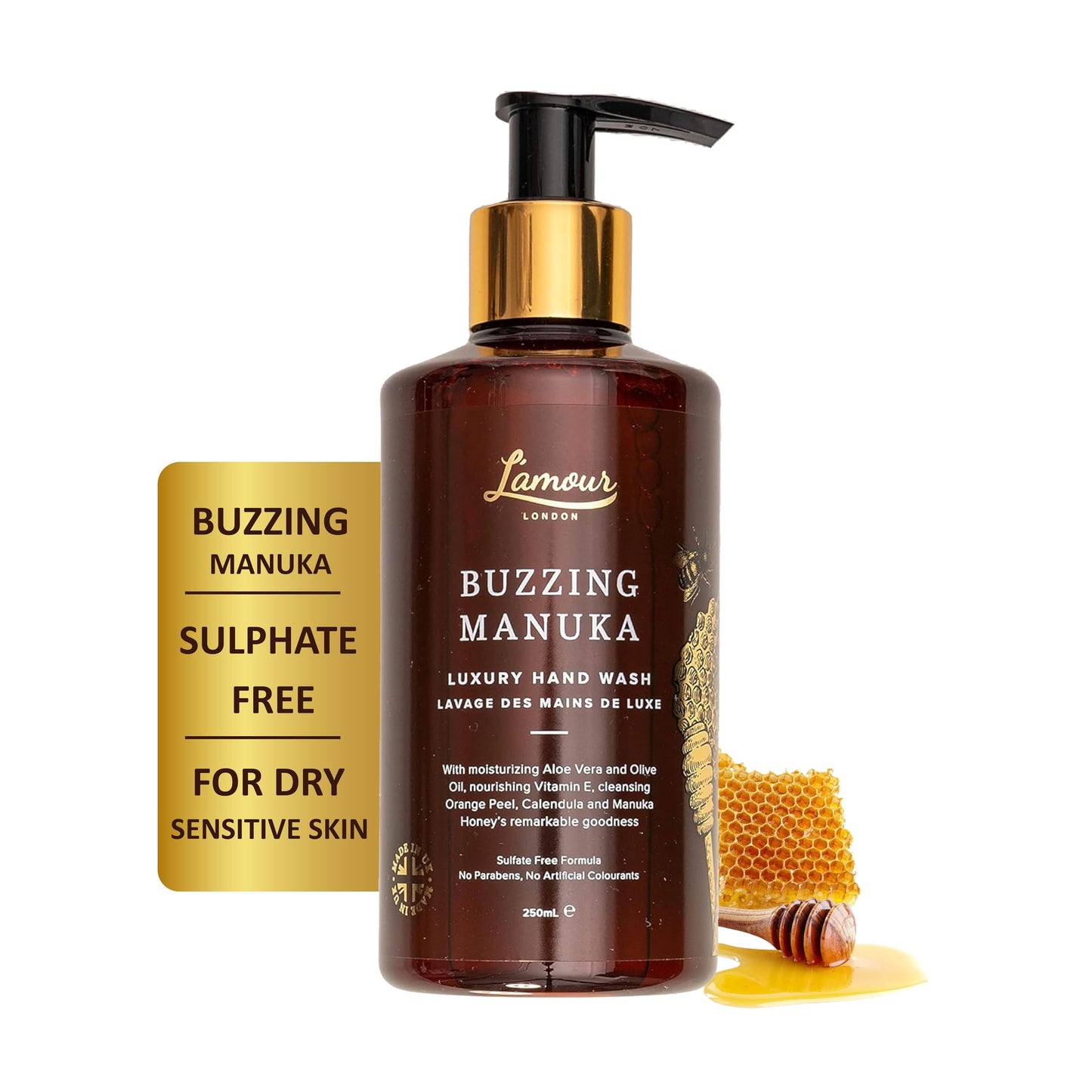L'amour London Natural | Buzzing Manuka | Luxury Hand Wash | Essential Oils | Sulphate Free | Gentle for dry and sensitive skin | Rare Lather |