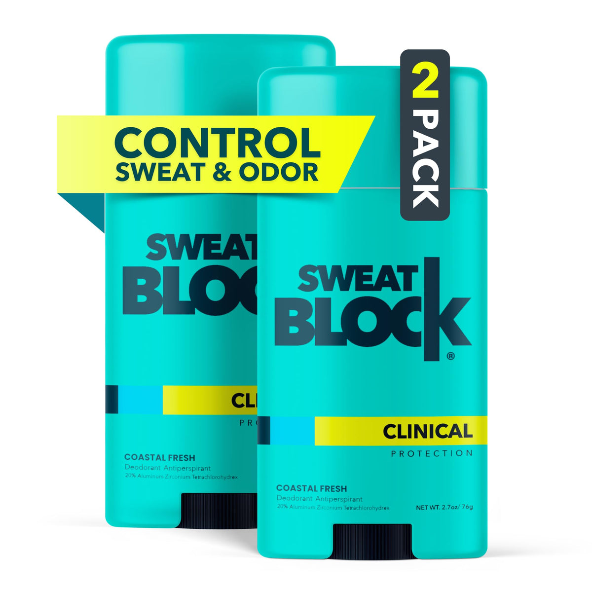 SweatBlock Deodorant Antiperspirant for Women & Men - 24-Hour High Degree Sweat & Odor Protection - Non-Irritating Smooth Glide - Coastal Fresh Scent