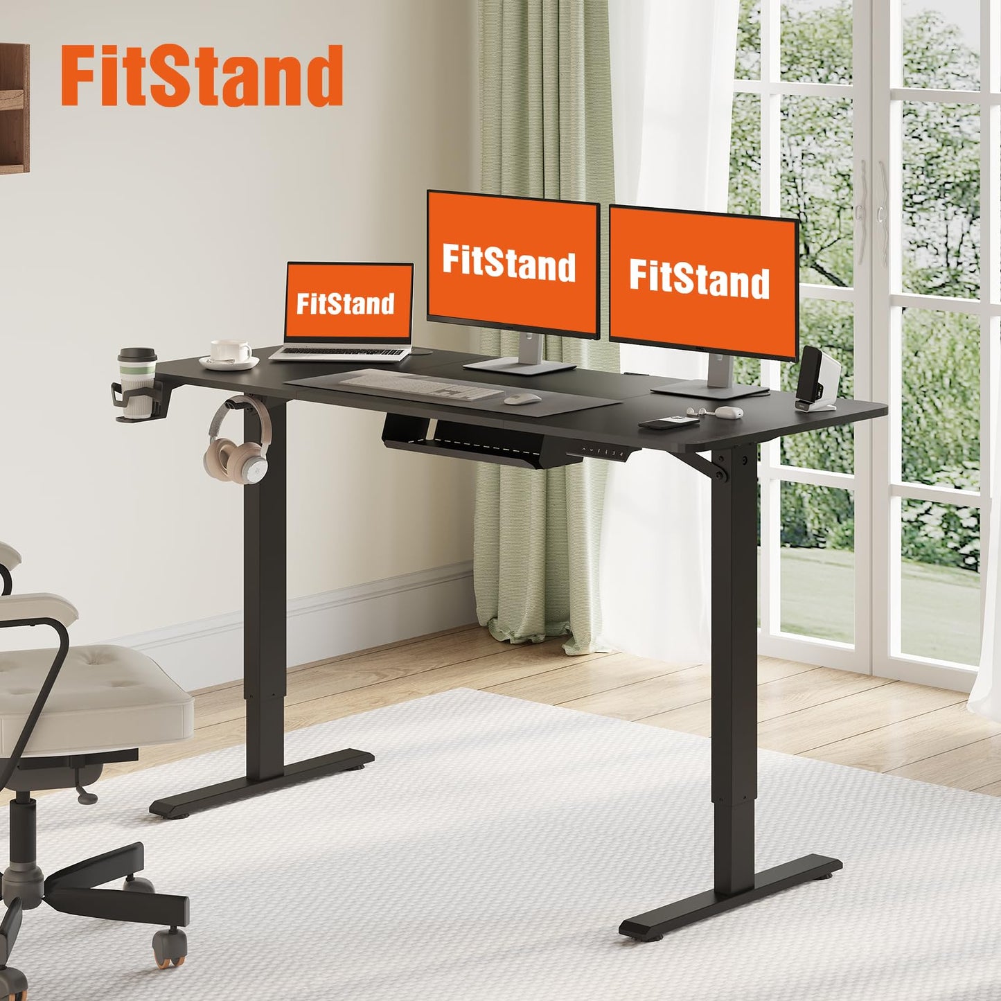 FitStand 140x60cm Electric Height Adjustable Standing Desk, Sit Stand Desk, Computer Desk With Hooks, Cupholder, Memory Function