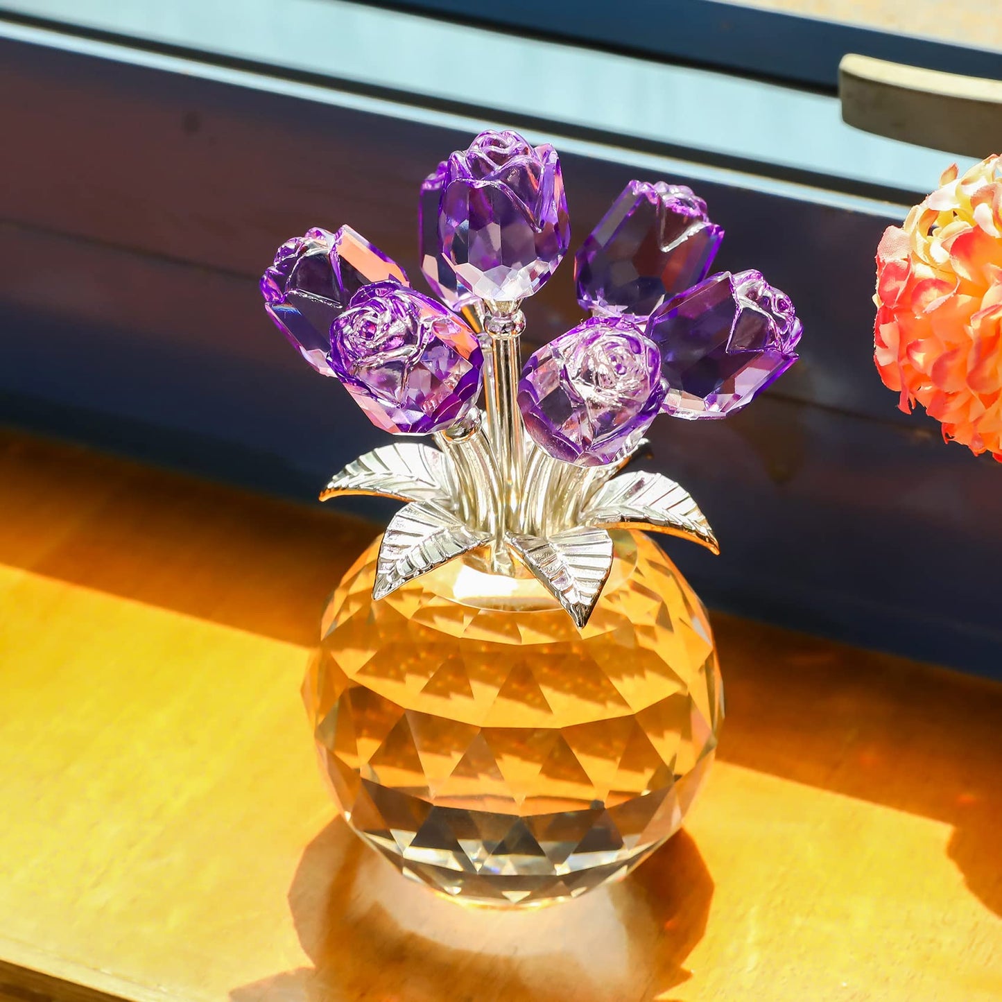 Crystal Purple Rose Bouquet Figurines Gifts for Women Valentine's Day, Glass Floral Ornament for Mother's Day Birthday Christmas Amethyst Collectible