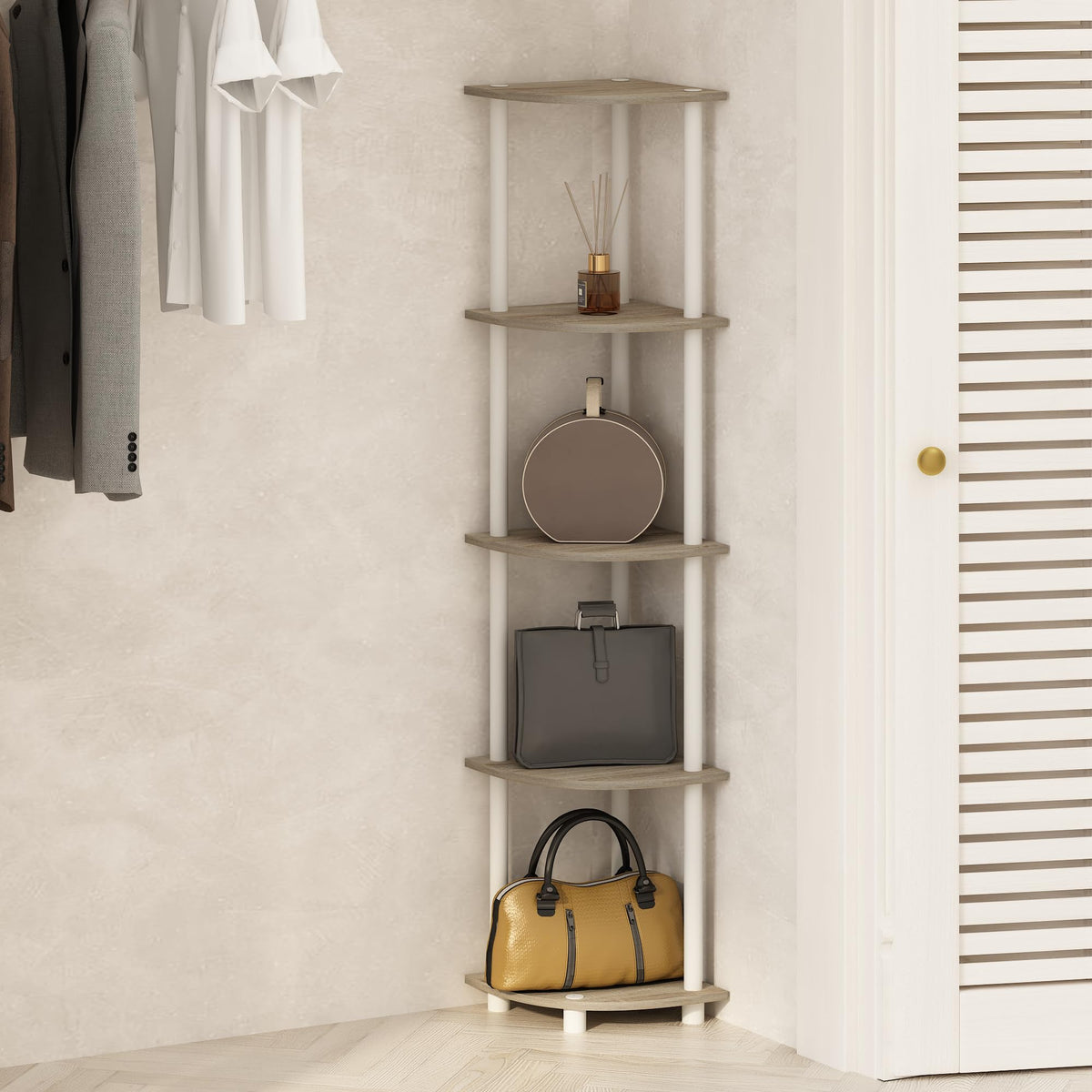 Furinno TURN-N-TUBE Corner Shelf, 5-Tier Corner Display Rack, Shelving Unit, for Organization and Storage, Living Room, Home Office, Garage, Bedroom