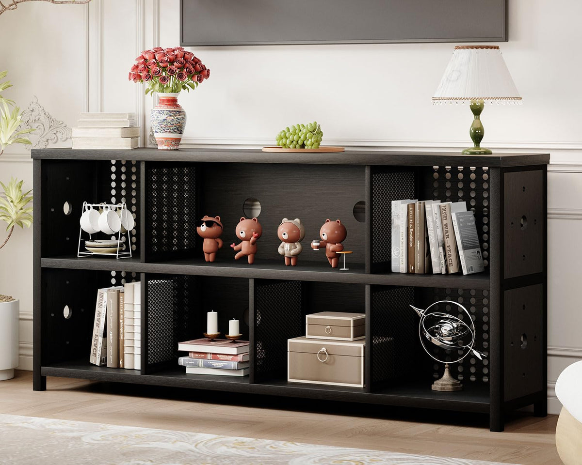 LVB Black Horizontal Bookshelf, Modern Cube Storage Organizer Bookcase, Industrial Wide Long Wood Metal Book Shelf