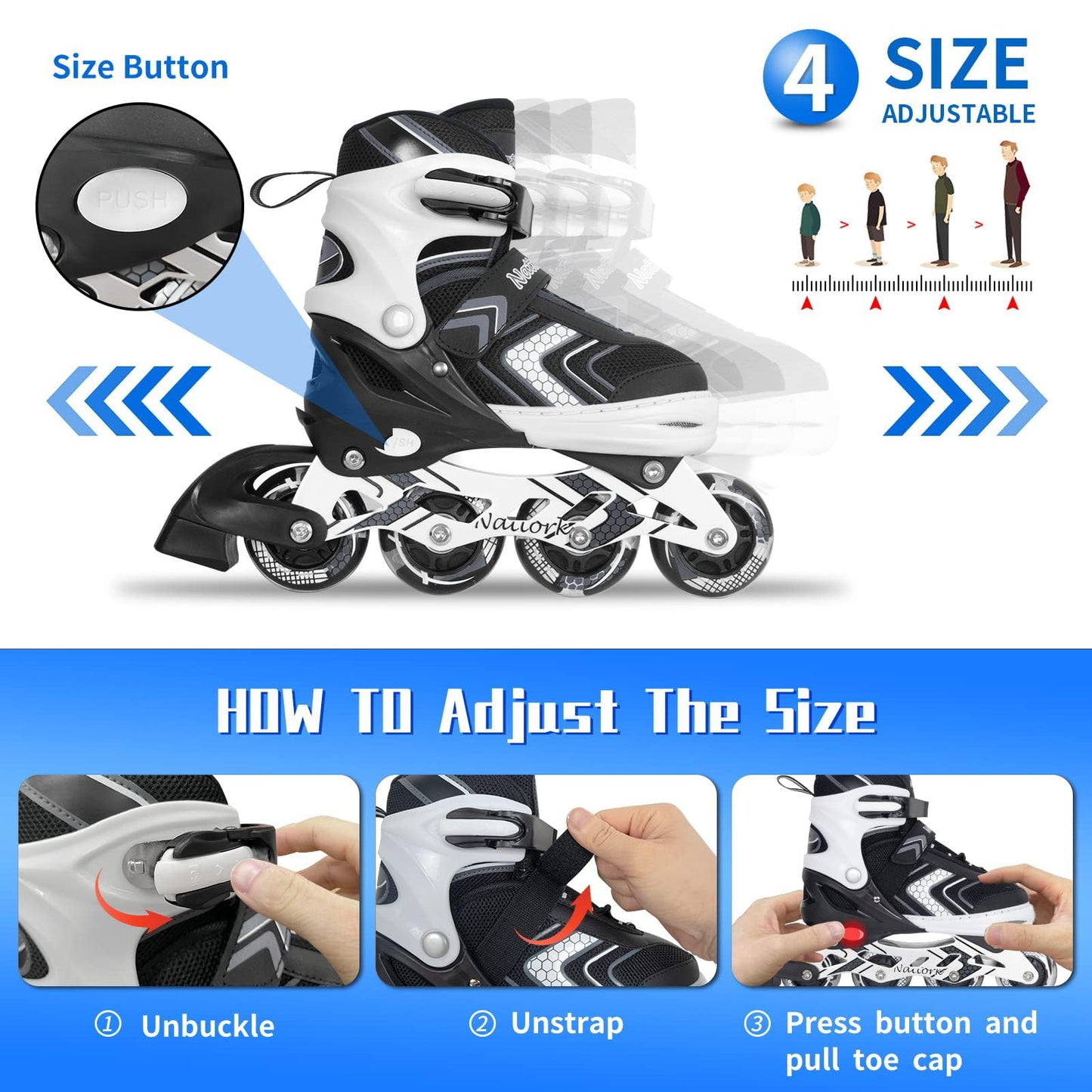 Nattork Roller Skates for Boys with Full Light up Wheels, Adjustable Beginner Inline Skates for Big Kids, Black, Size 1 2 3