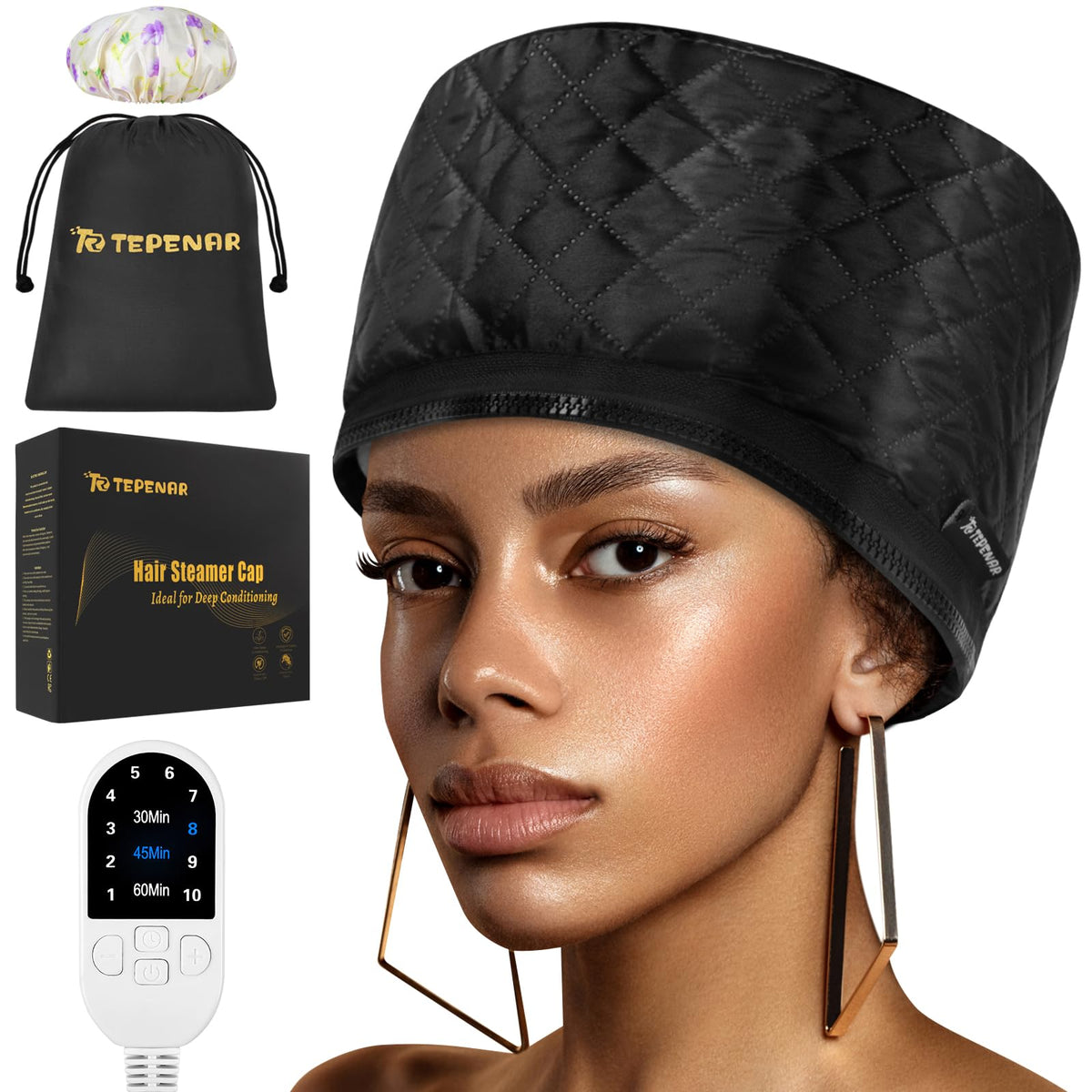 TEPENAR Upgraded Thermal Heat Cap for Conditioning Cap ? Electric Hair Steamer for Natural Afro Hair, Portable Heat Spa Cap for Home Use (Black)