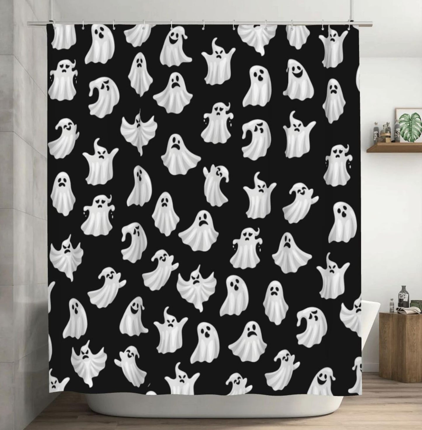 Abaysto Halloween Ghost Shower Curtain, Spooky Cute Funny Cartoon Ghosts Icons Black and White Fabric Polyester Bathroom Shower Curtain with 12 Hooks