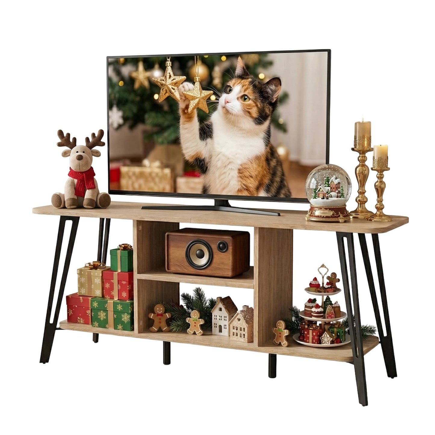 Manora Curved Metal Frame TV Stand with 2-Tier Middle Storage Compartment (Bright brown)