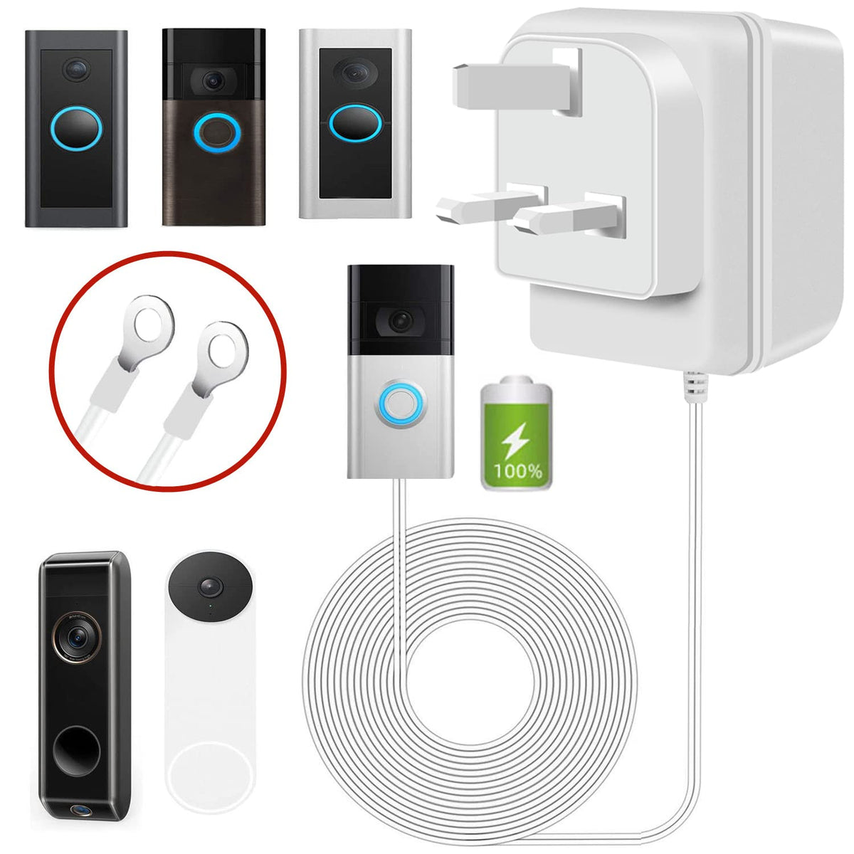 Doorbell Transformer 24V500MA, Visual Doorbell AC Power Adapter, Suitable for Most Versions of Ring Doorbell and Thermostat (8M extension cable white)