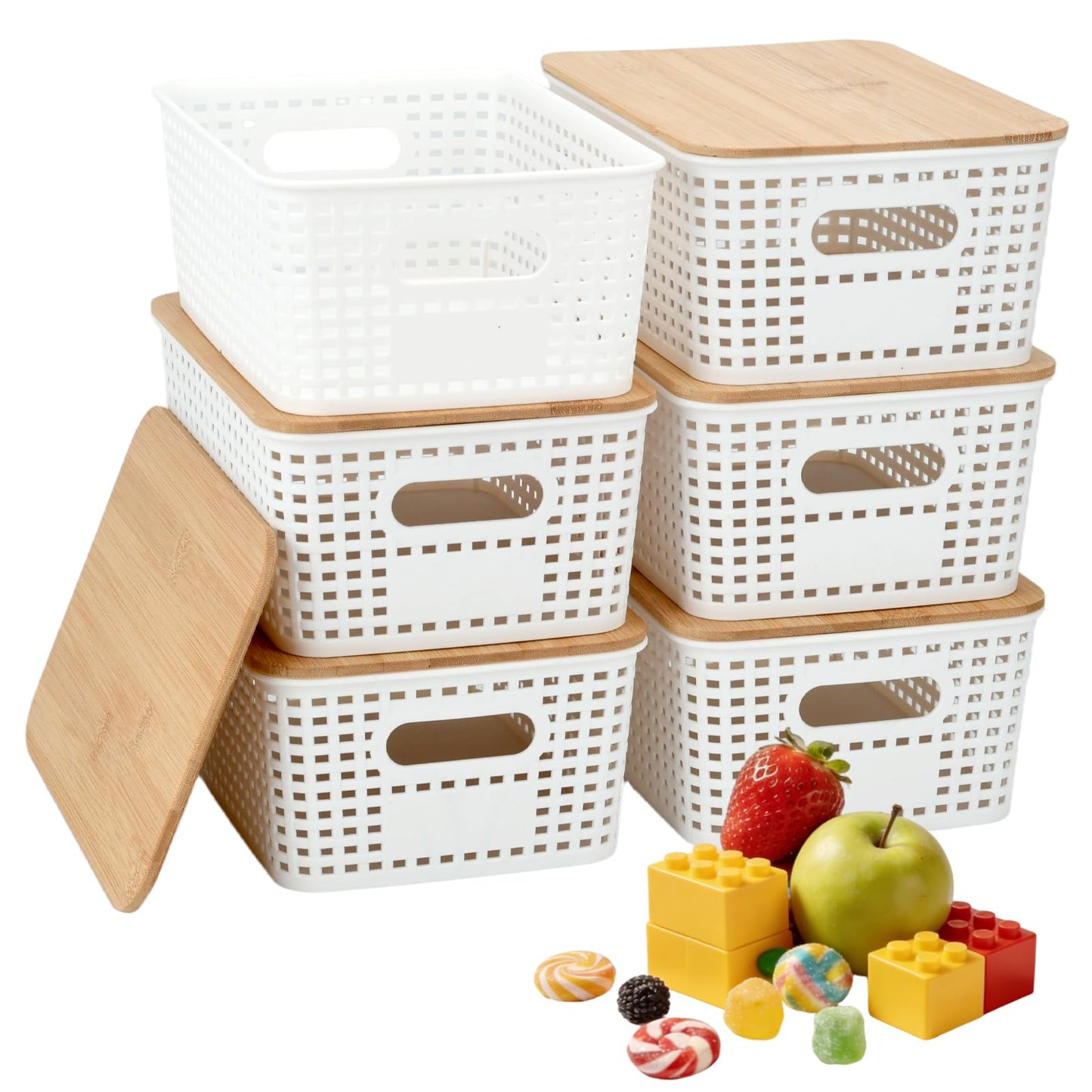 LYHLYA Stackable Storage Bins with Bamboo Lids, 6-Pack, BPA-Free Plastic, 5.1 Qt Capacity, Side Handle, 10x7.2x4.13 Inch, for Home Organization