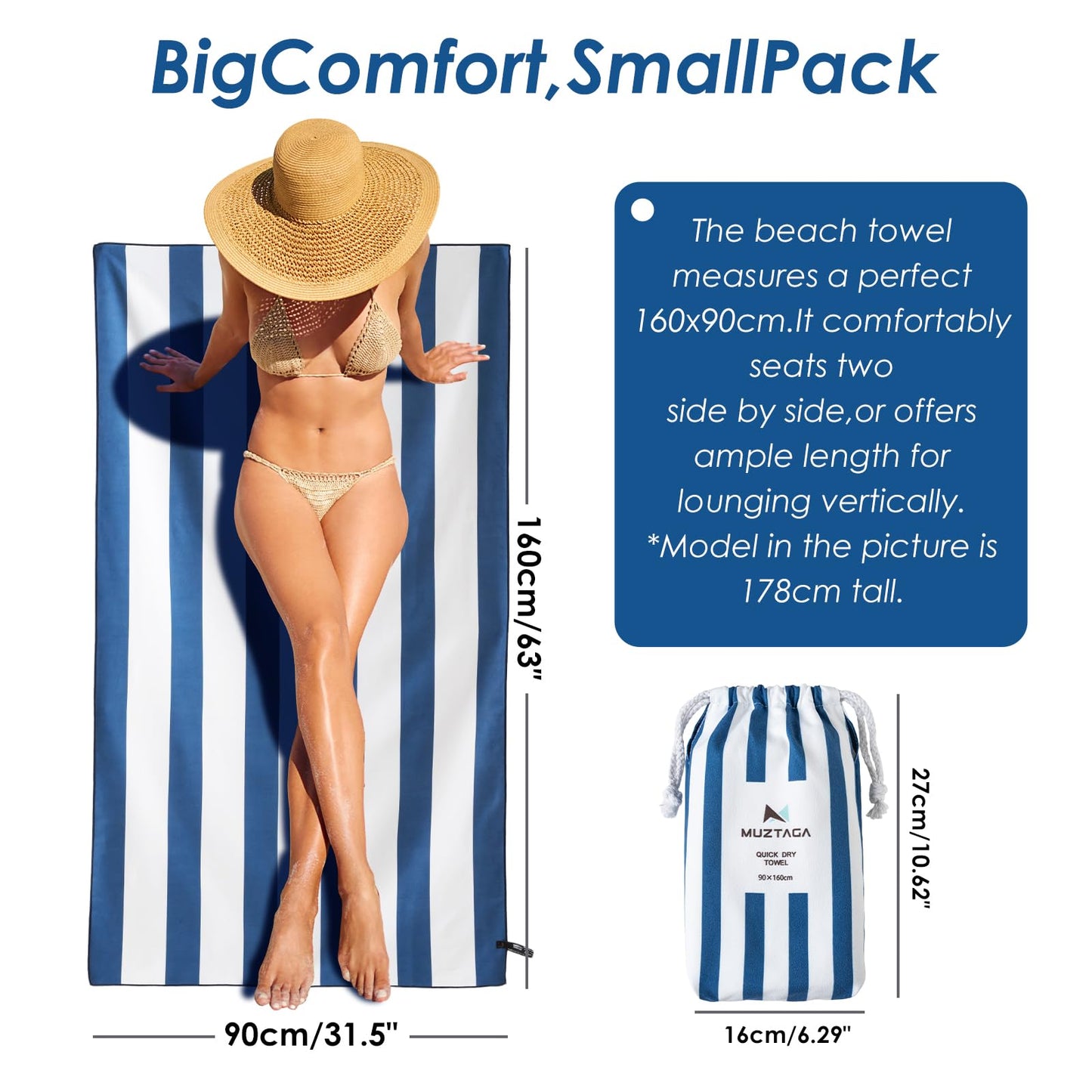 Muztaga Microfibre Beach Towel - Sand Free, Quick Dry, Large 160 x 90 cm Striped Pool Towels for Adults & Kids