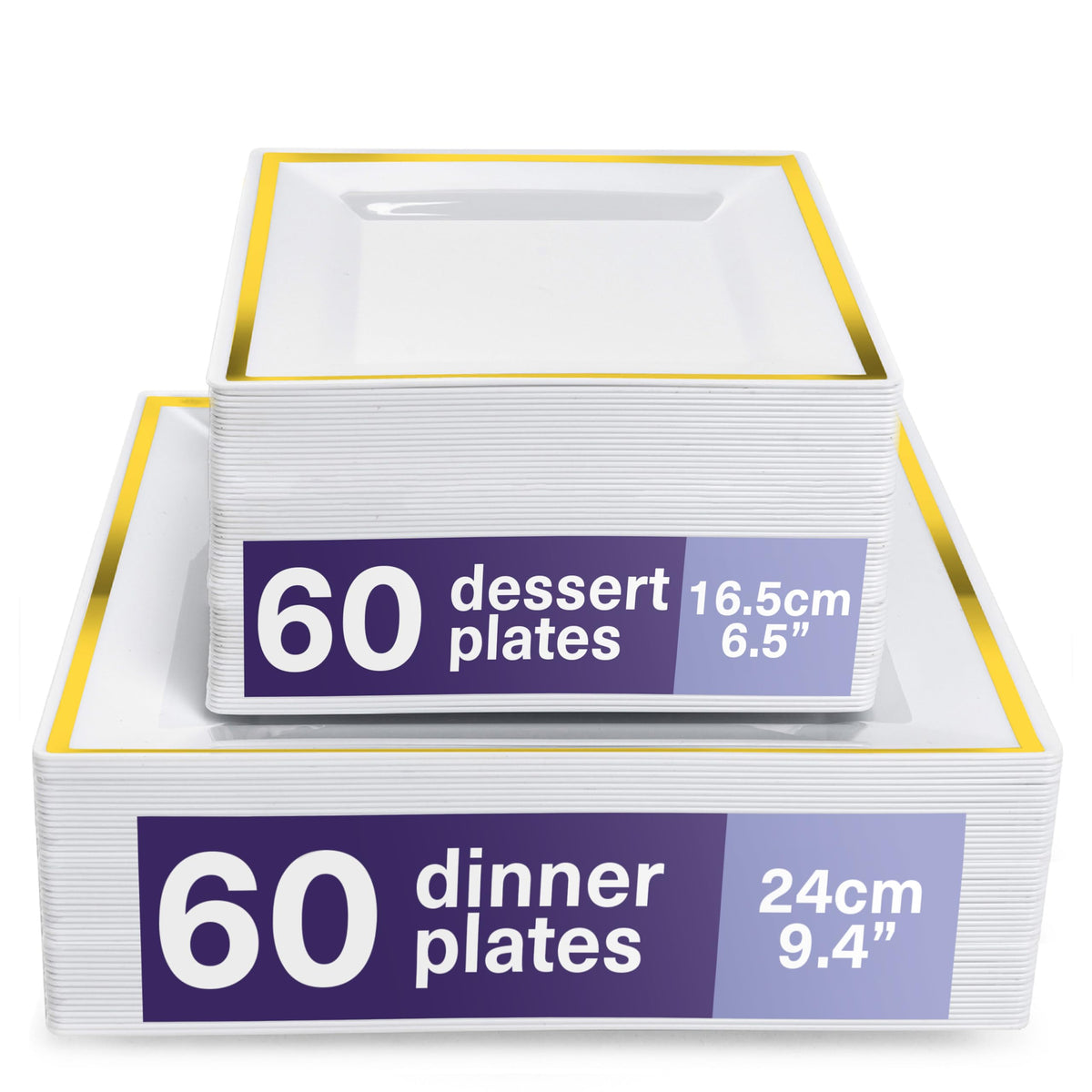 MATANA 120 Premium White Square Plastic Plates with Gold Rim - 60 24cm Dinner Plates, 60 16.5cm Dessert Plates - Elegant & Reusable Party Plates for