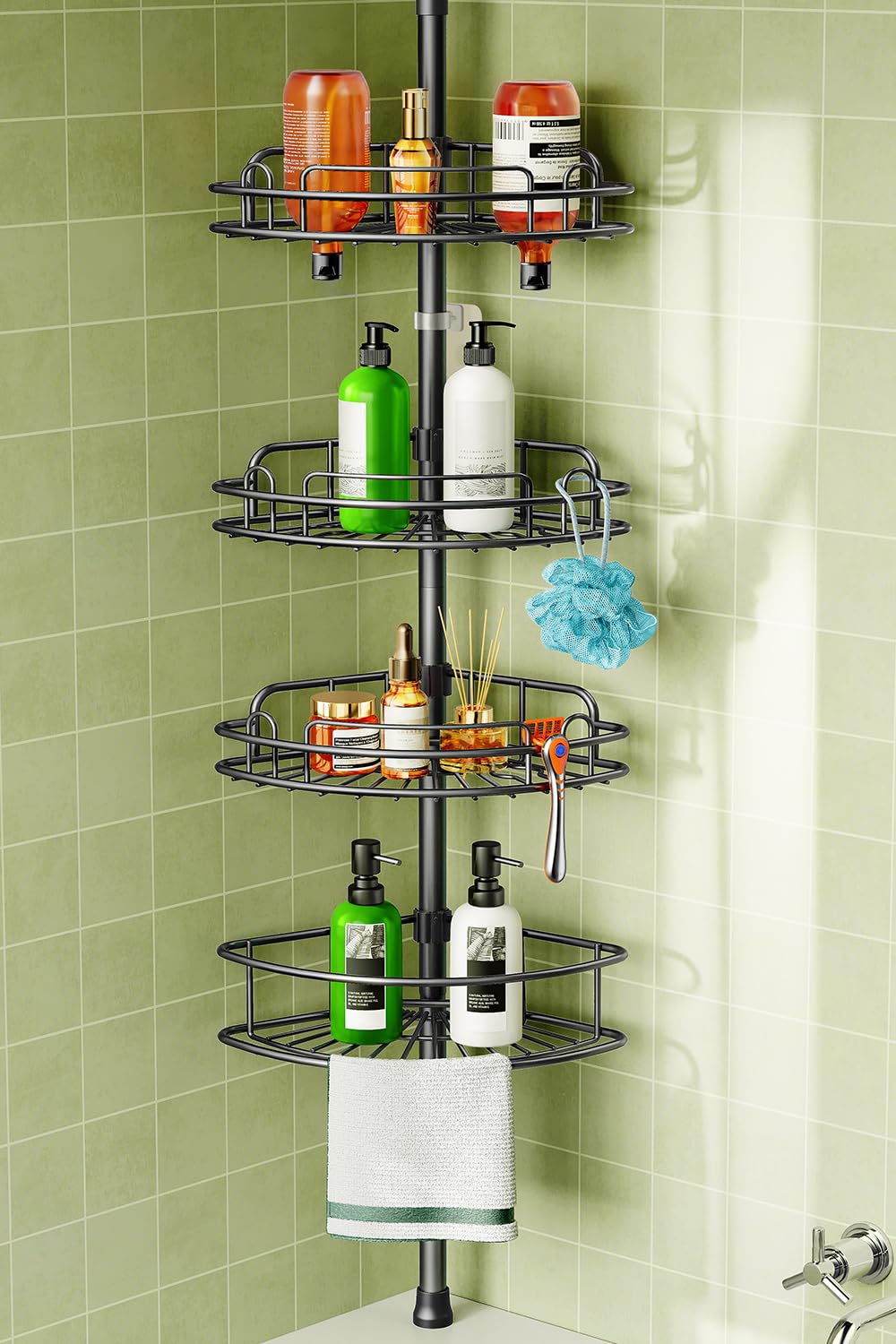 HAMITOR Telescopic Shower Caddy Corner Storage: No-Drill Stainless Steel Bathroom Shelves Organizer, 119-307 cm Large Capacity 4 Tier Adjustable Shelf