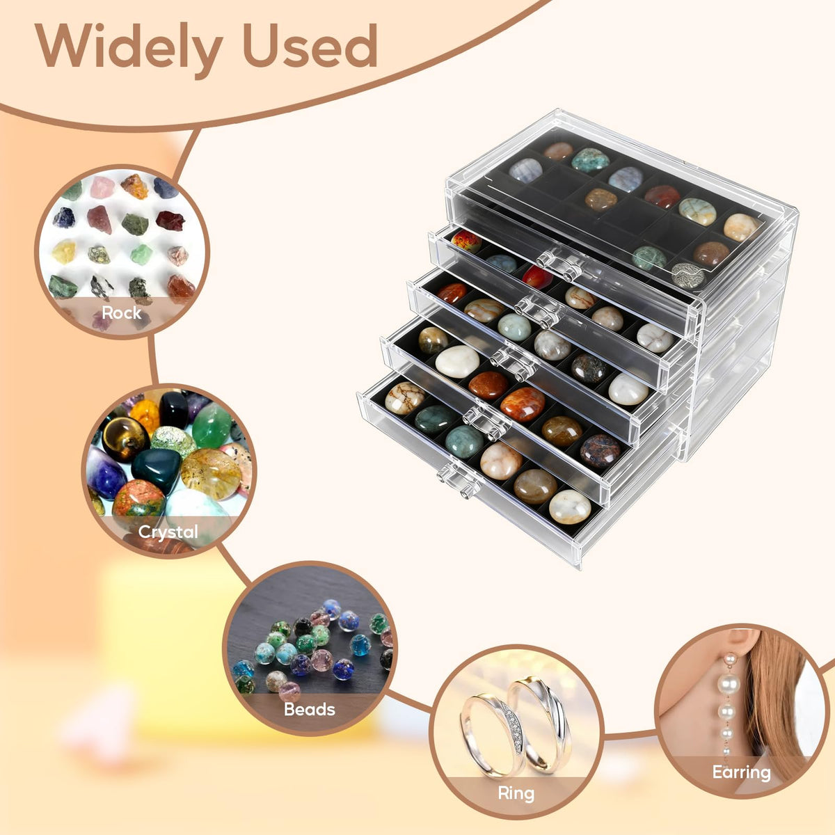 Rock Display Case, 5 Drawers 90 Grids Rock Collection Box Rock Collection Display Case Clear Crystals display Case Storage Cases for Small Rocks