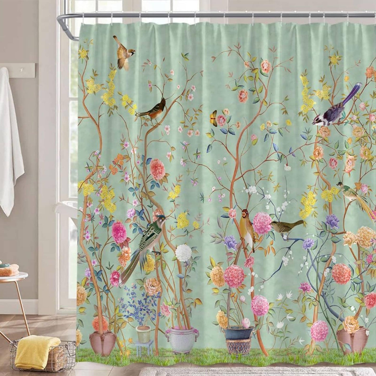 Hykiee Floral Shower Curtain Waterproof Mould & Mildew Resistant, Bird Flower Washable&Quick-Drying Polyester Shower Curtain with 12 Hooks for