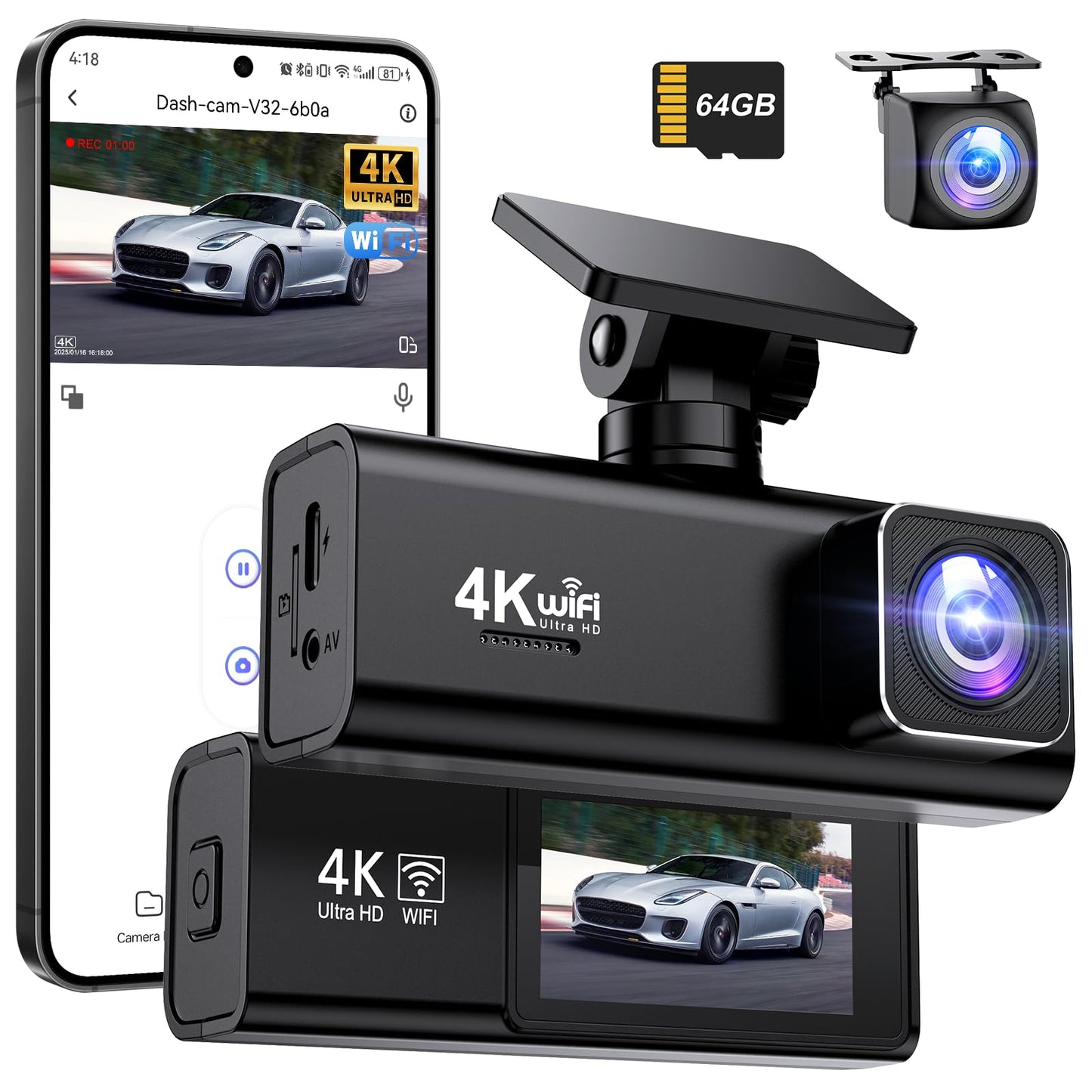 SAVUSCAM Dash Cam 4K + 1080P, WiFi Dash Cam Front and Rear, 64GB SD Card Included, Dual Car Camera Dashcam with Night Vision, WDR, 170? Wide Angle,