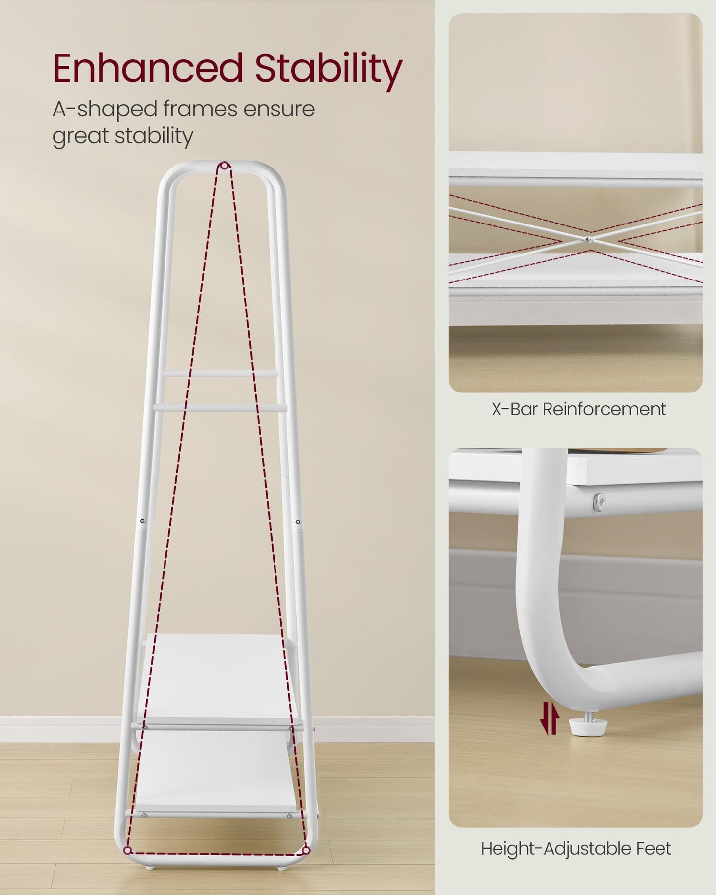 VASAGLE Clothes Rail, Clothes Rack with 2 Shelves, 6 S-Shaped Hooks, Steel Frame, for Bedroom, Cloud White and Matte White RGR112W02