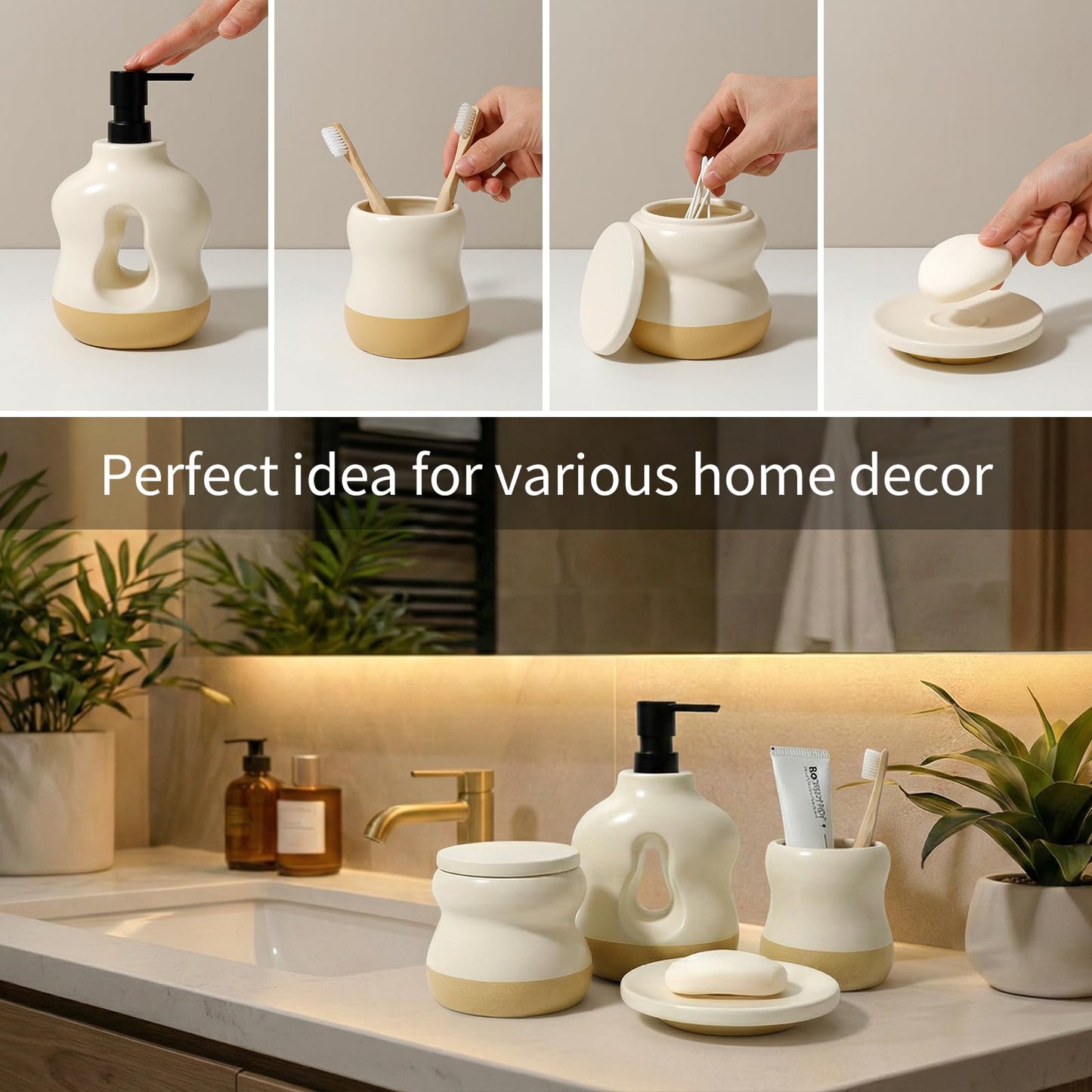 BosilunLife Bathroom Accessories Set of 4 - Beige&Orange Bathroom Countetop Soap Set Lotion Soap Dispenser Sets Toothbrush Holder and Soap Dish