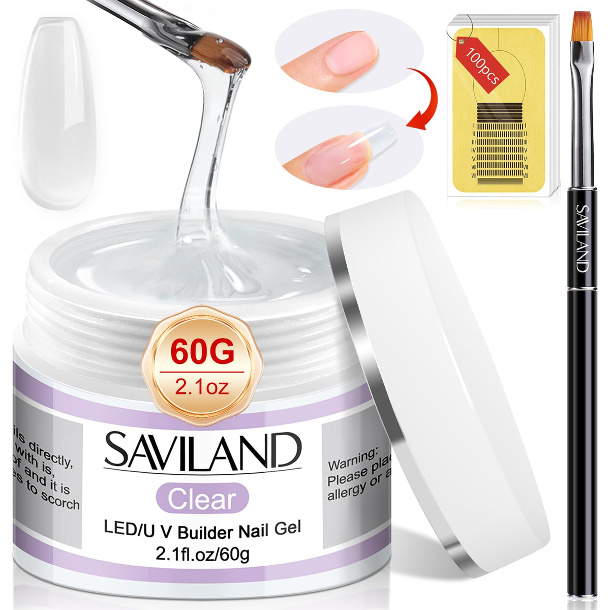 Saviland 60g Builder Gel Kit - Clear Extension Gel Set for Nail Strengthening and Art - Manicure Set with 100PCS Forms, False Nails, and Brush