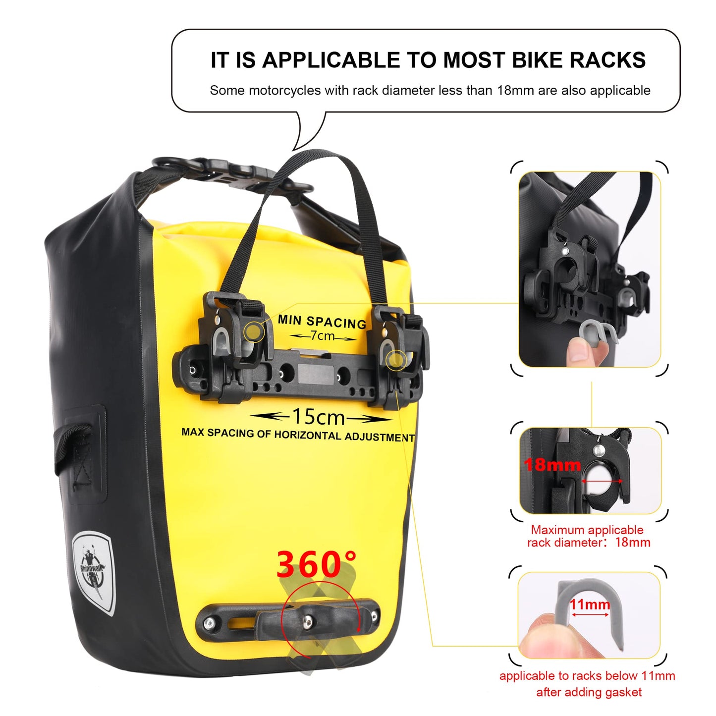 Rhinowalk Bike Pannier Bag 7L Waterproof Bicycle Rear Rack Bag with Shoulder Strap for Touring Cycling