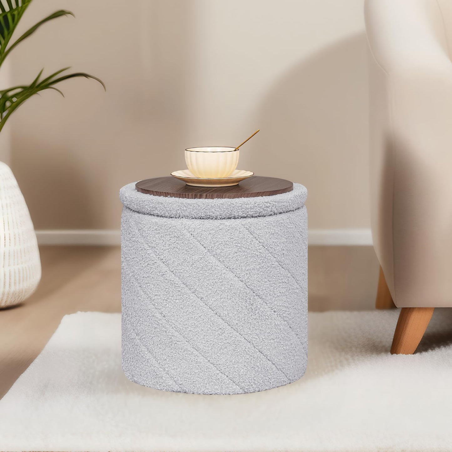 PINPLUS Round Ottoman Storage Box, Folding Stool, Grey, 33x33x35 cm